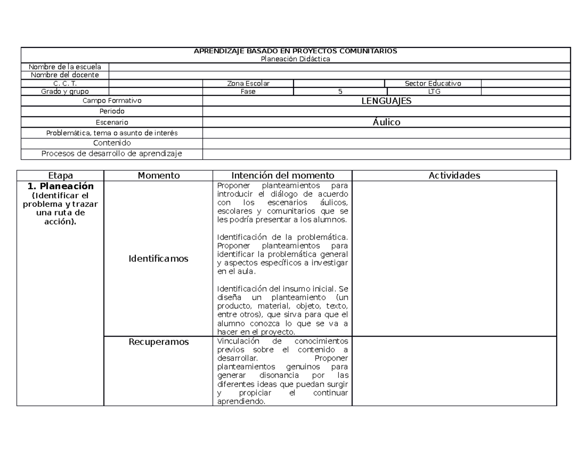 Formatos Planeación Fase 5 Aprendizaje Basado En Proyectos