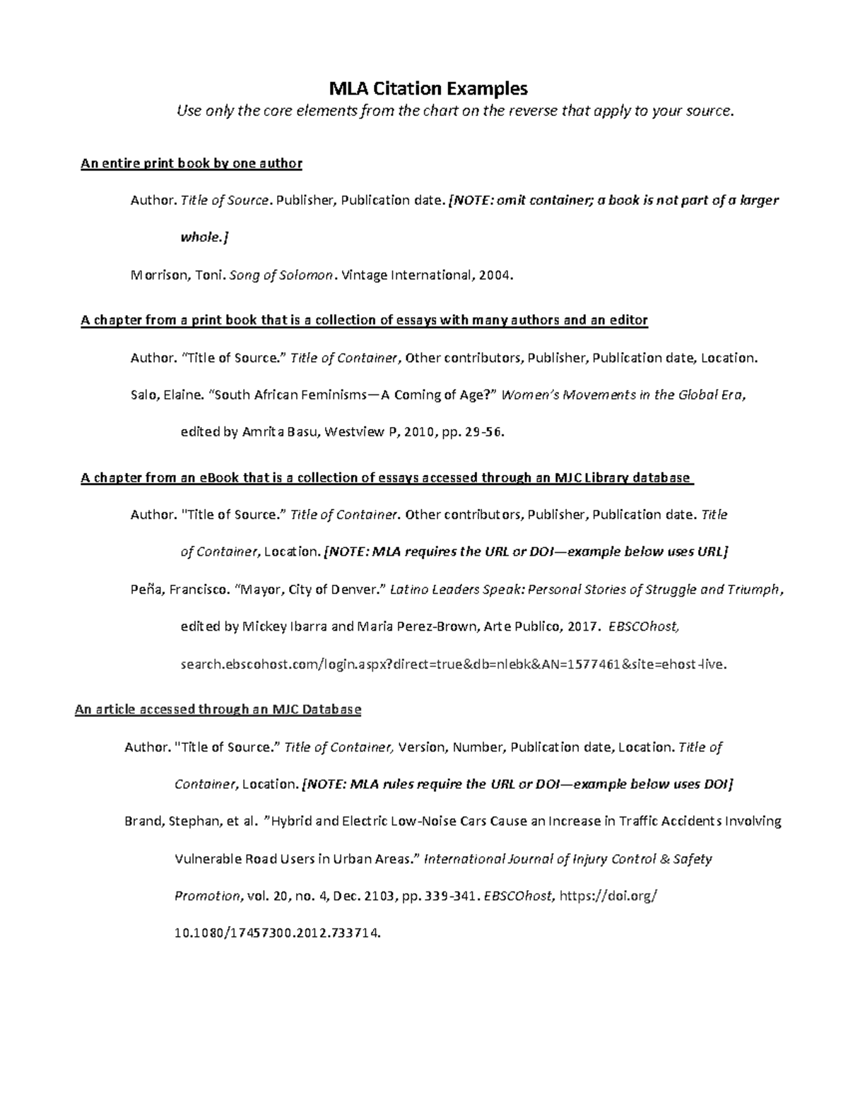 MLA Citation Examples updated MLA Citation Examples Use only the core