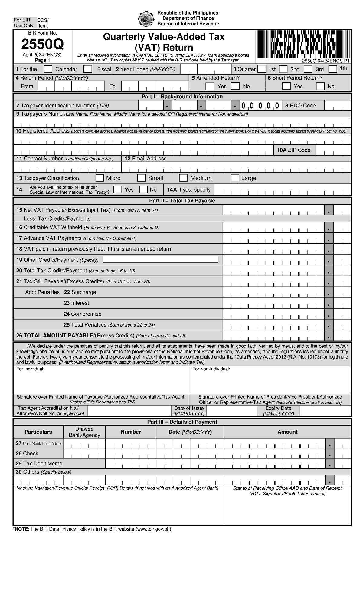 form 2550M BUSINESS TAX - BIR Form No. 2550 Q April 2024 (ENCS) Page 1 ...