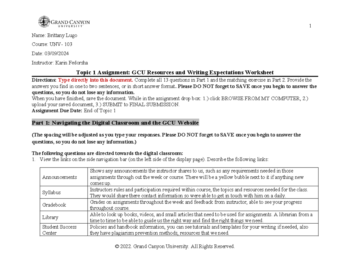 UNV- 103 Resources & writing - Name: Brittany Lugo Course: UNV- 103 ...