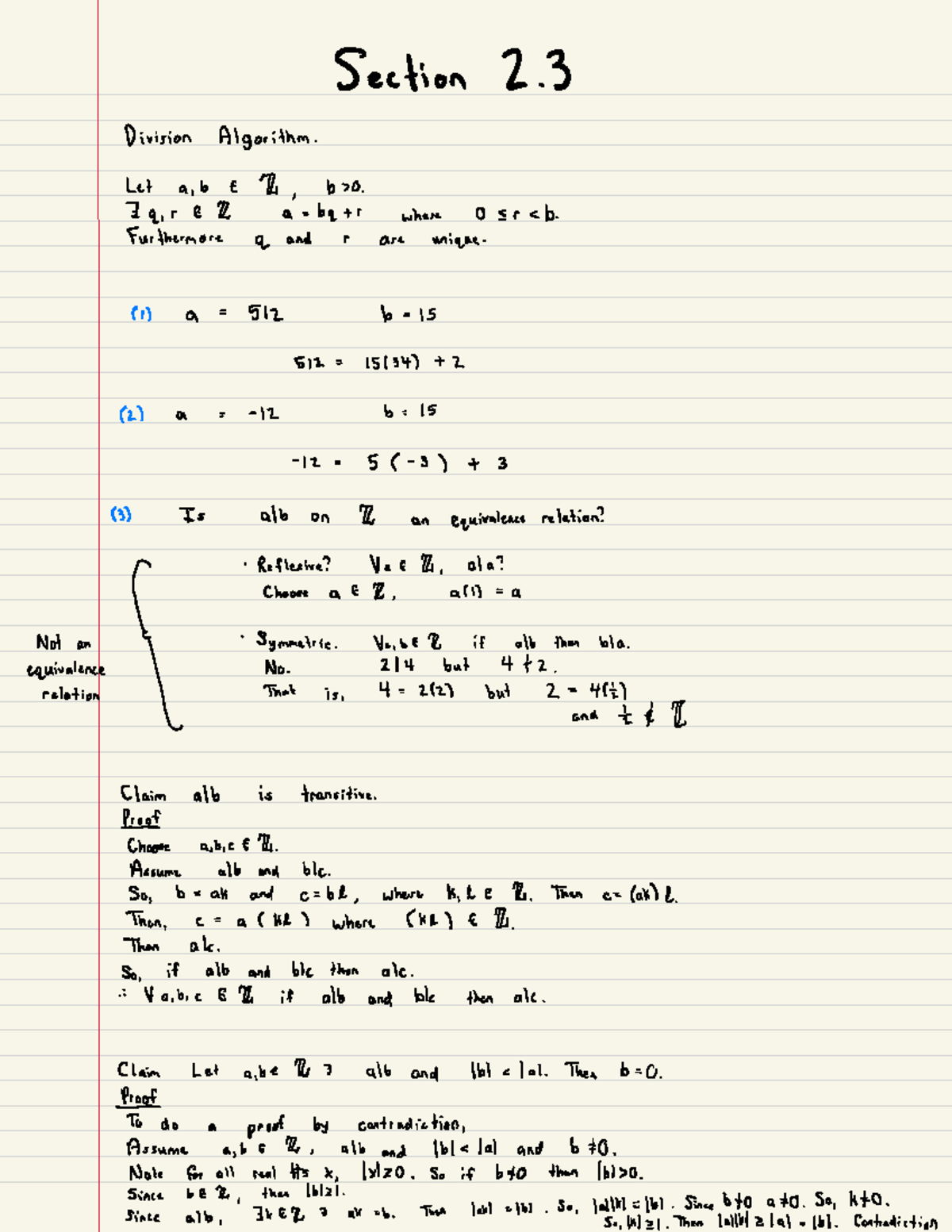 Section 2.3 Notes - Section 2. Division Algorithm . Let a , b E Thi , b ...
