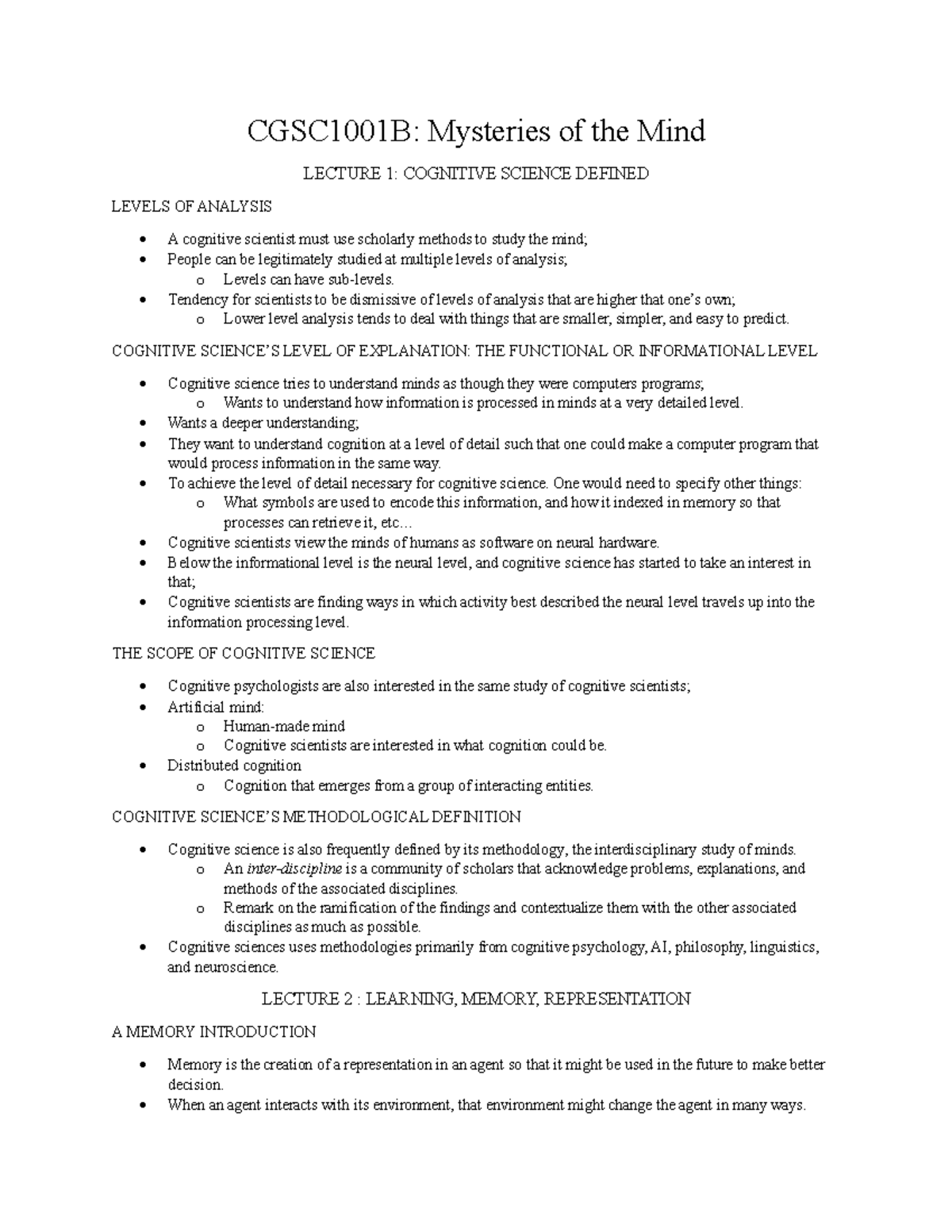 CGSC1001 - course content until quiz 3 - CGSC1001B: Mysteries of the ...