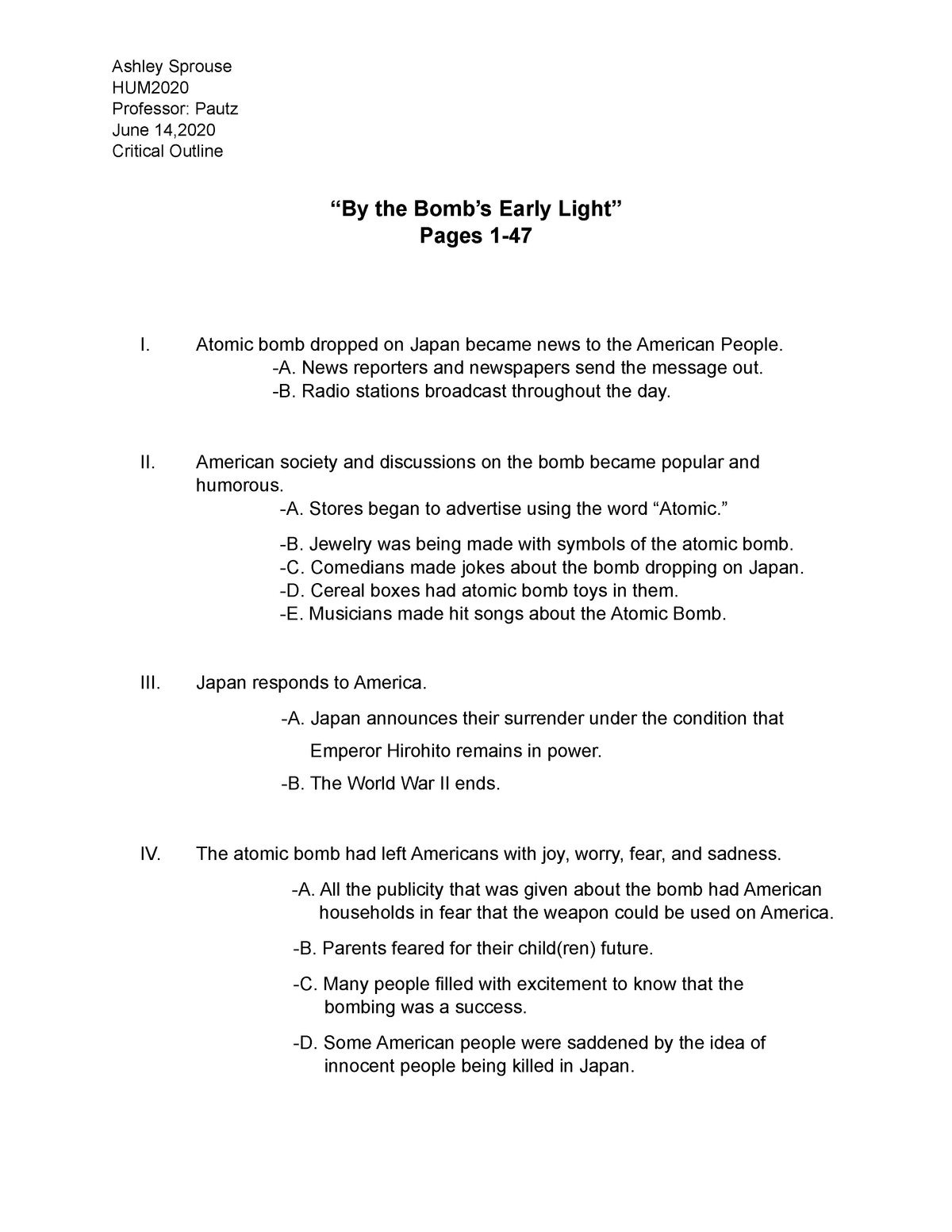 By the Bomb's Early Light Critical Outline 1-47 - HUM Professor: Pautz ...