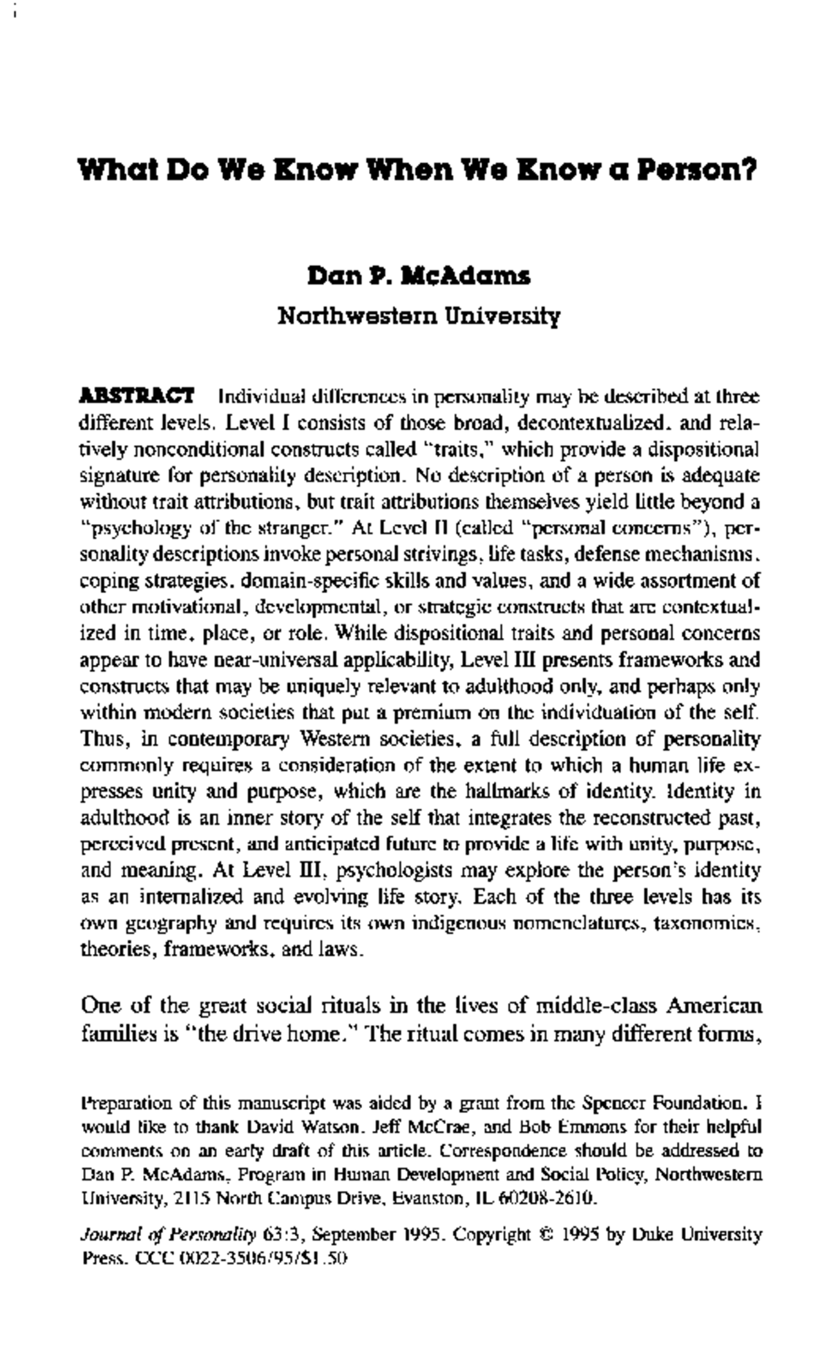Journal of Personality September 1995 Mc Adams What Do We Know