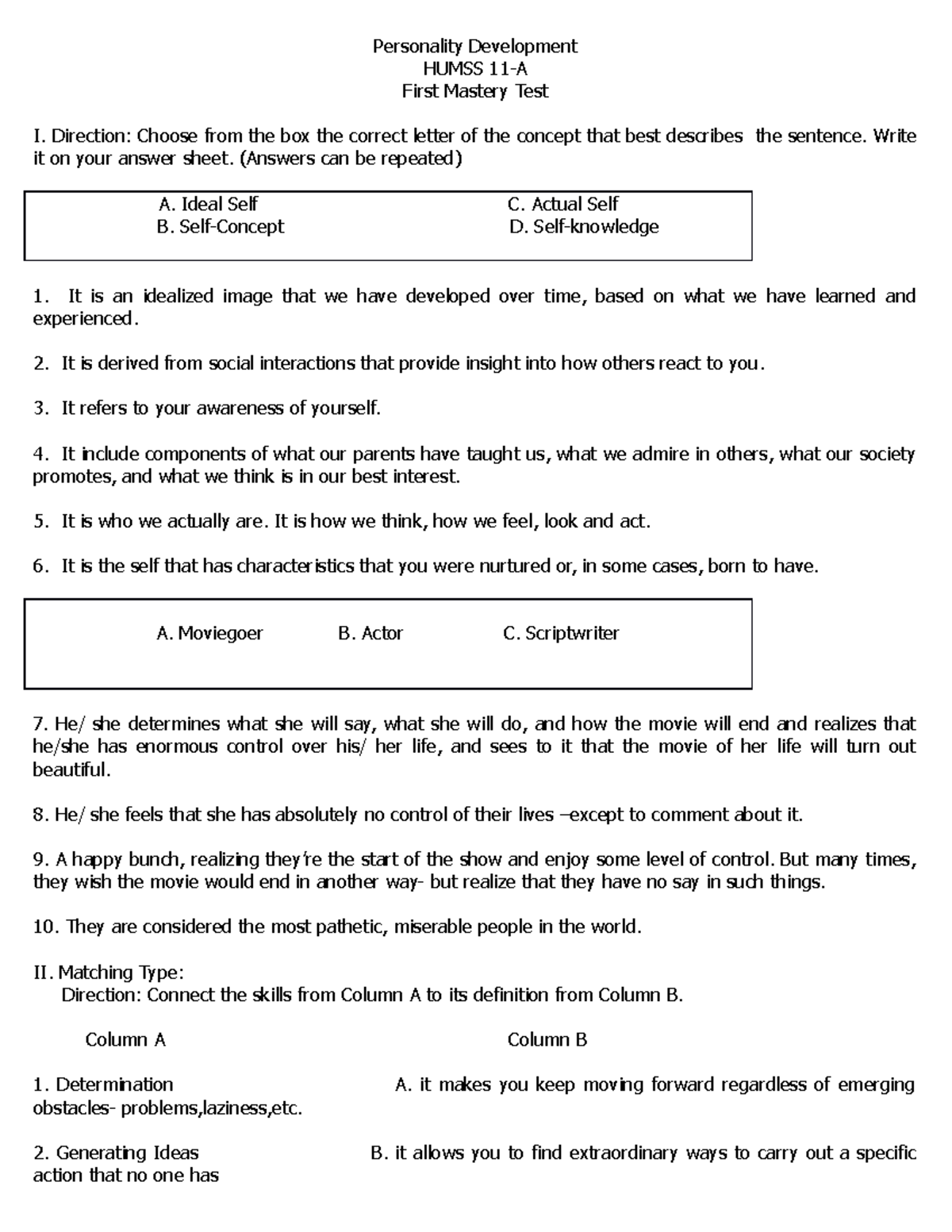 Personality Development Mastery Test 1 Personality DevelopmentHUMSS