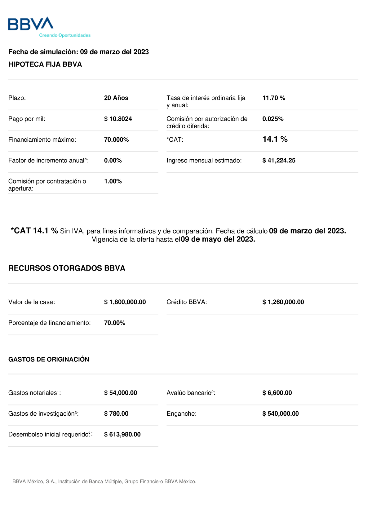 Tabla Pdf Fecha De Simulación 09 De Marzo Del 2023 Hipoteca Fija Bbva Plazo 20 Años Tasa De 0434