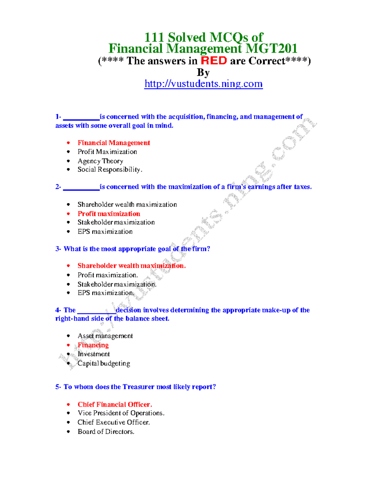 111 Solved MCQs Of Financial Management MGT201 - 111 Solved MCQs Of ...