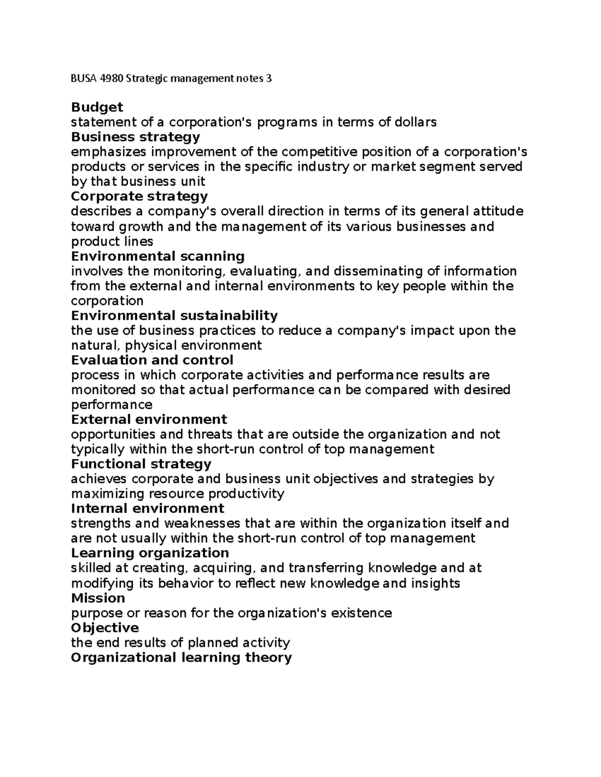 BUSA 4980 Strategic management notes 3 - BUSA 4980 Strategic management ...