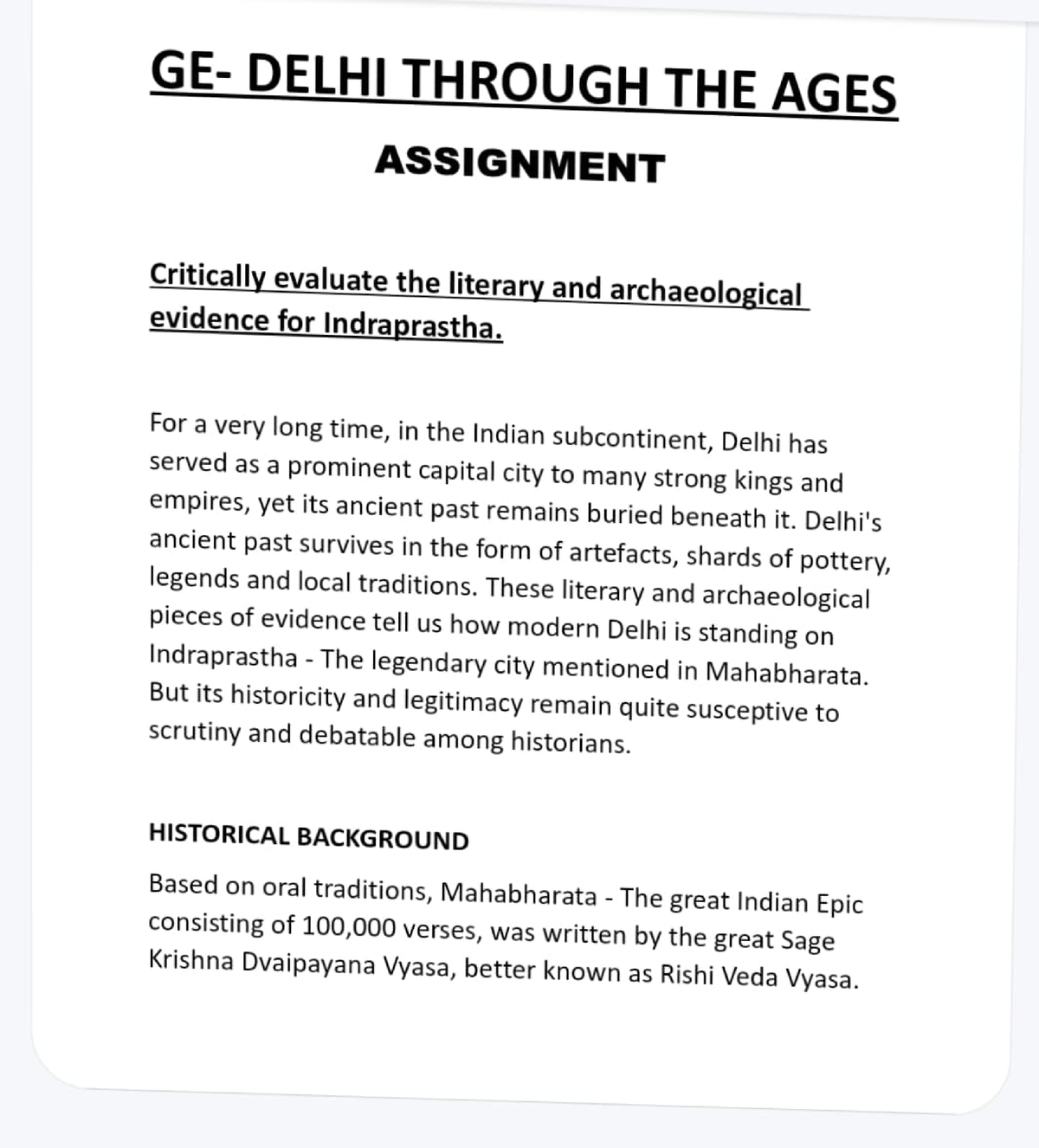 Indraprastha 2 - GE- DELHI THROUGH THE AGES ASSIGNMENT Critically ...