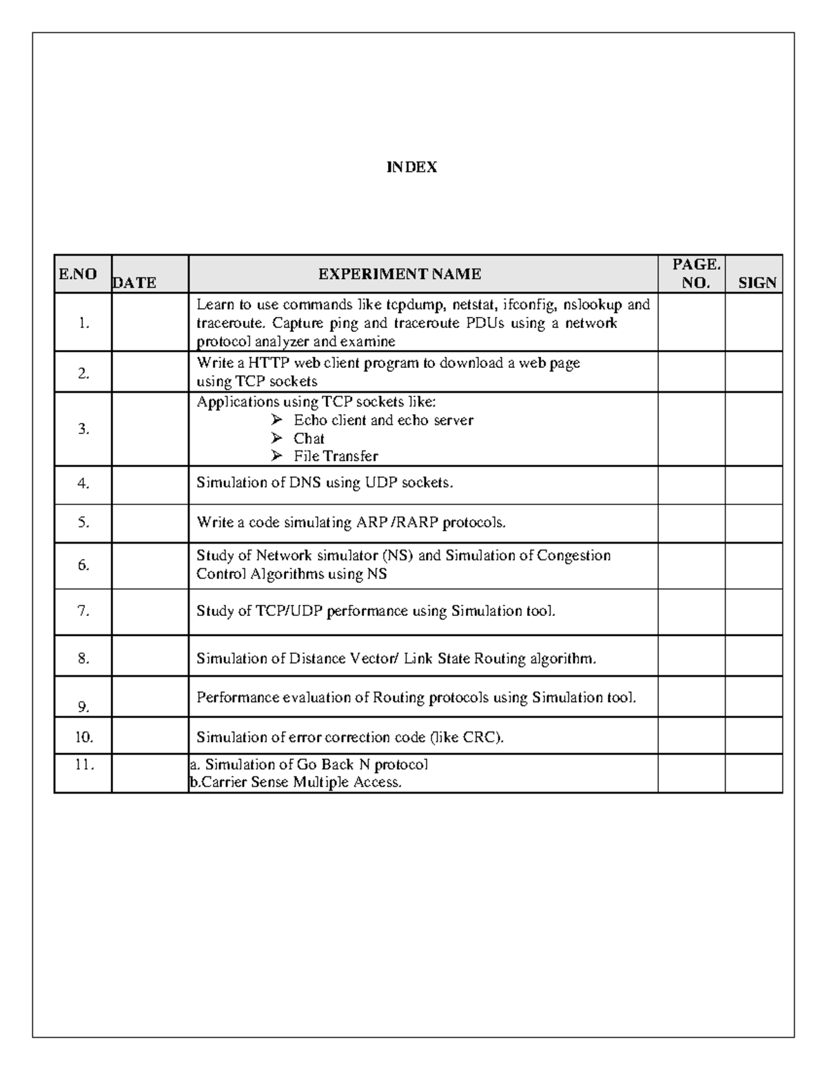 CS8581 NW Lab Printout Doc INDEX E DATE EXPERIMENT NAME PAGE. NO