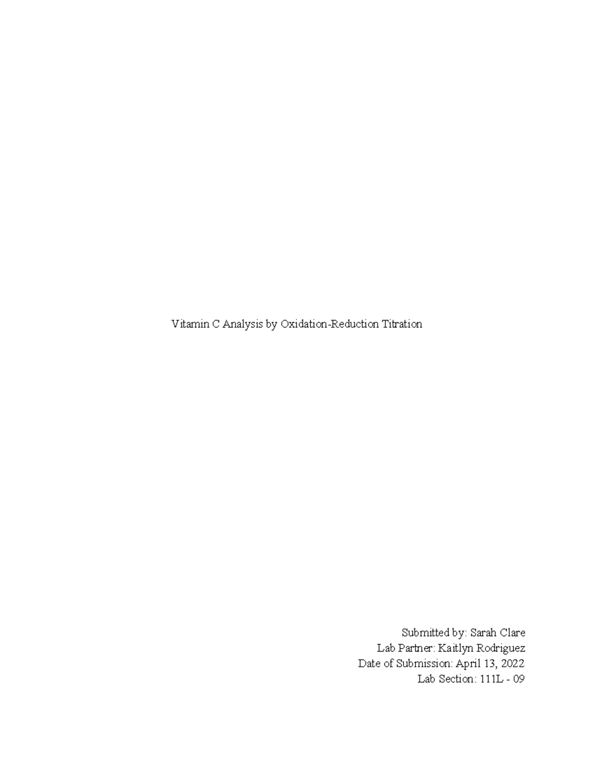 Chem Lab 11 Vitamin C Analysis by OxidationReduction Titration Vitamin C Analysis by Studocu
