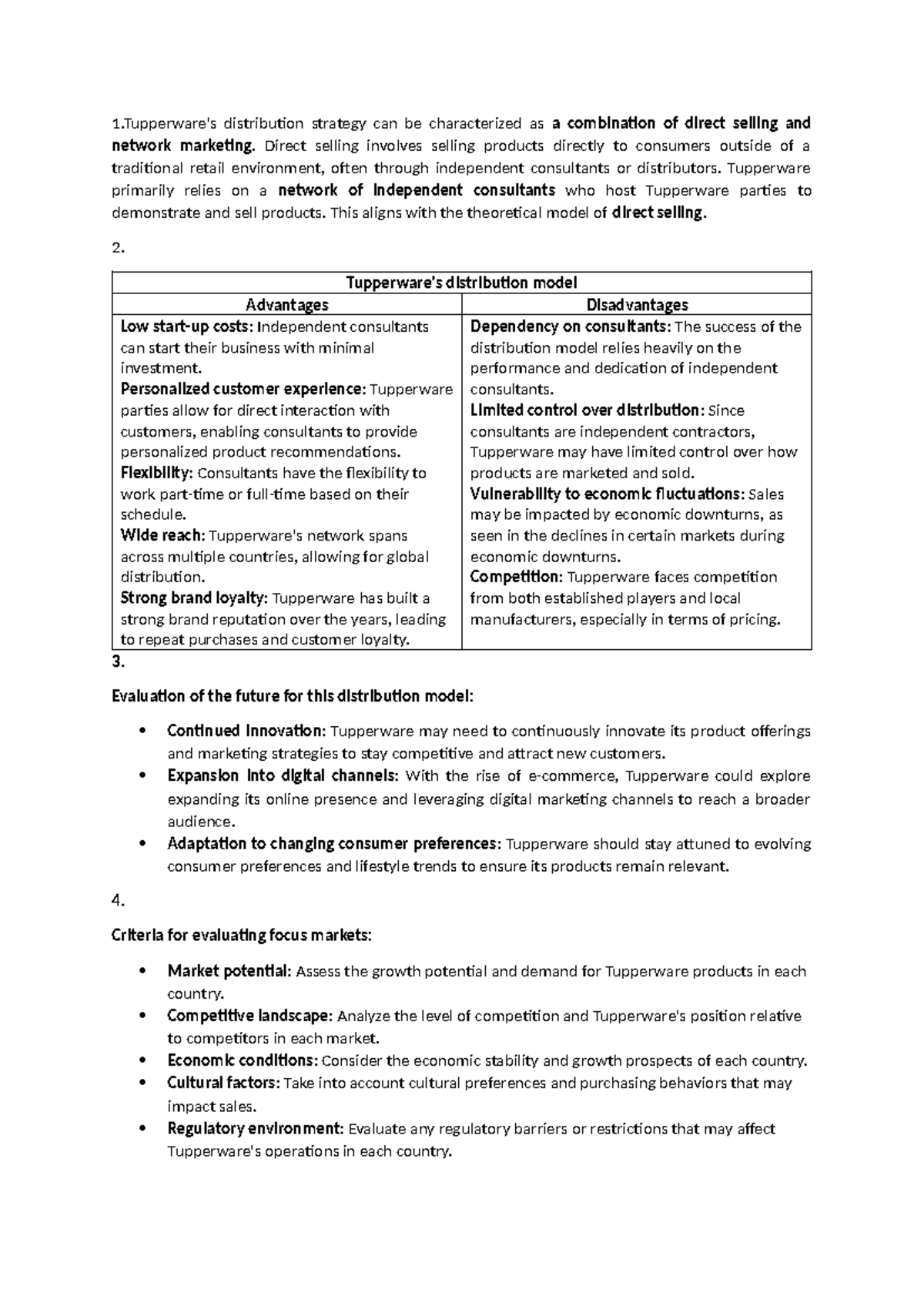 Tupperware - 1's distribution strategy can be characterized as a ...