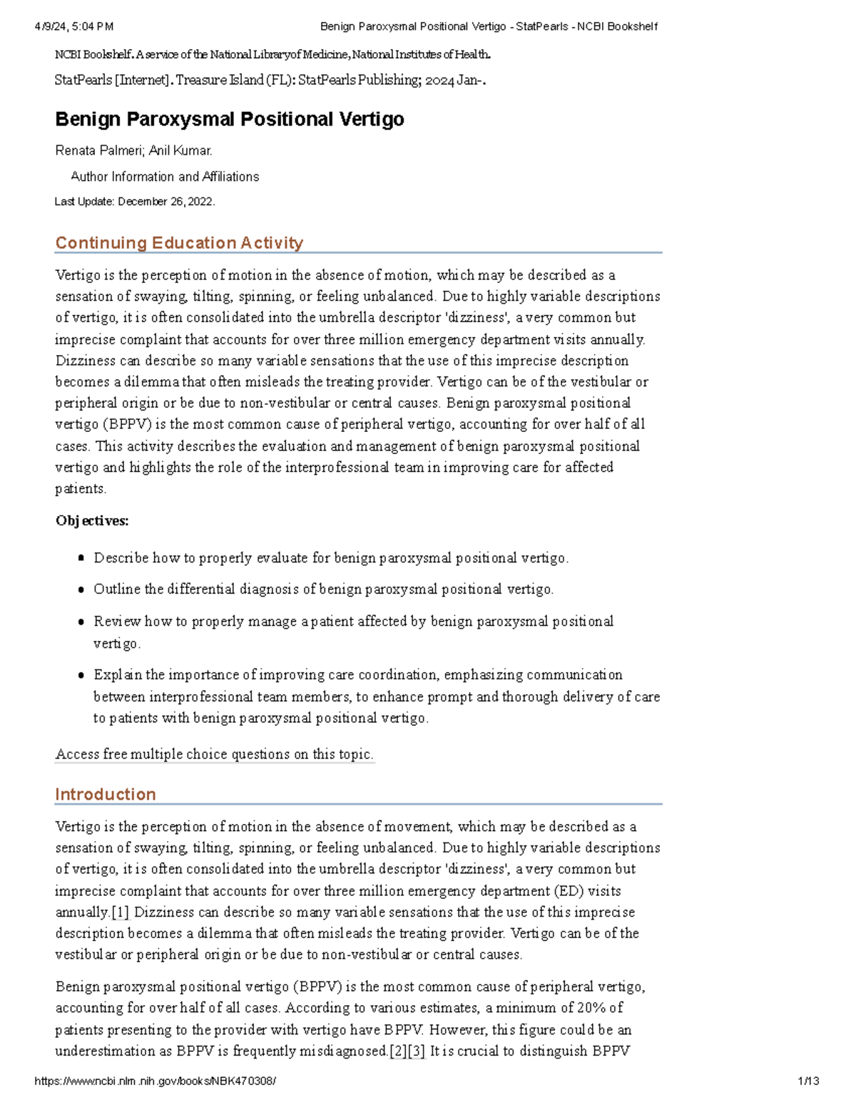 Benign Paroxysmal Positional Vertigo - Stat Pearls - NCBI Bookshelf ...