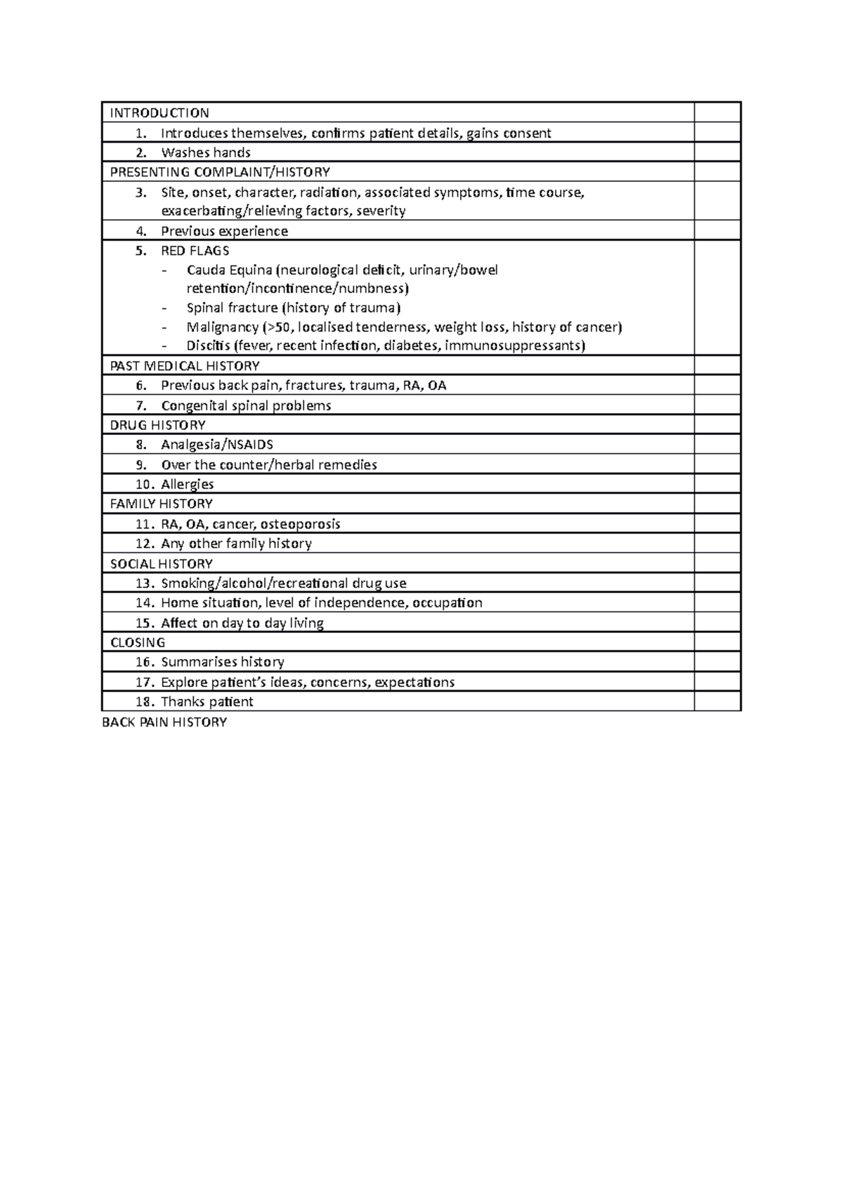 Back pain history mark scheme - INTRODUCTION Introduces themselves ...