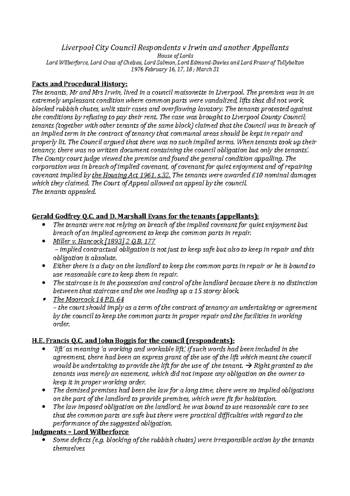 Liverpool City Council Respondents v Irwin and another Appellants Case notes Liverpool City