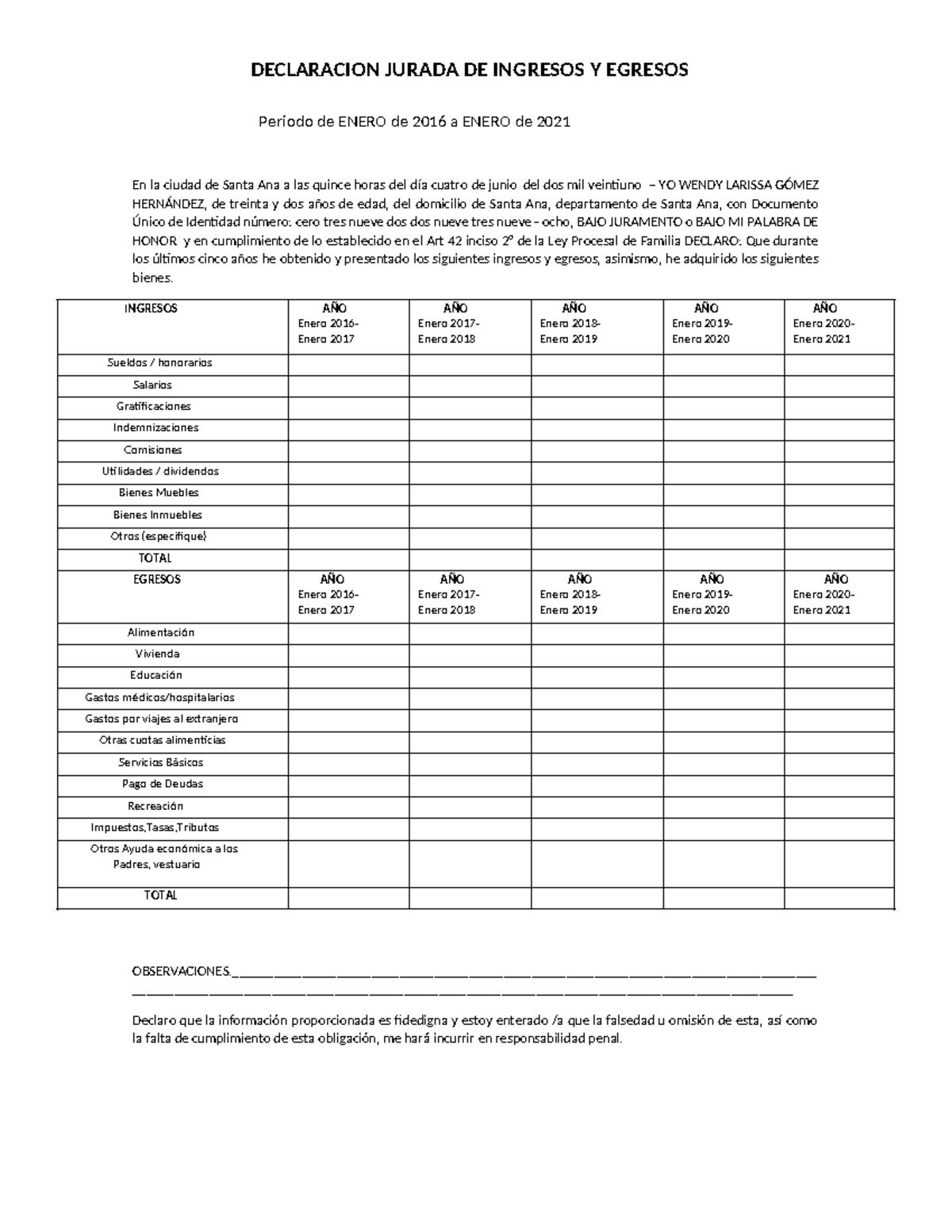 Declaracion Jurada - Ingresos y Egresos - DECLARACION JURADA DE ...