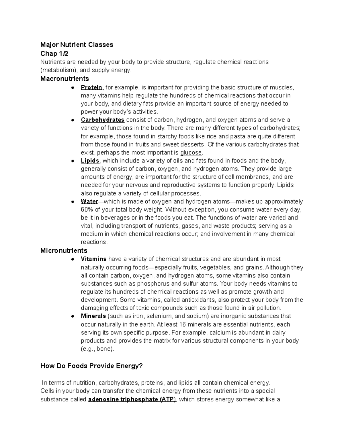 Nutrition And Health: Chapter 1-2 Notes - Major Nutrient Classes Chap 1 ...