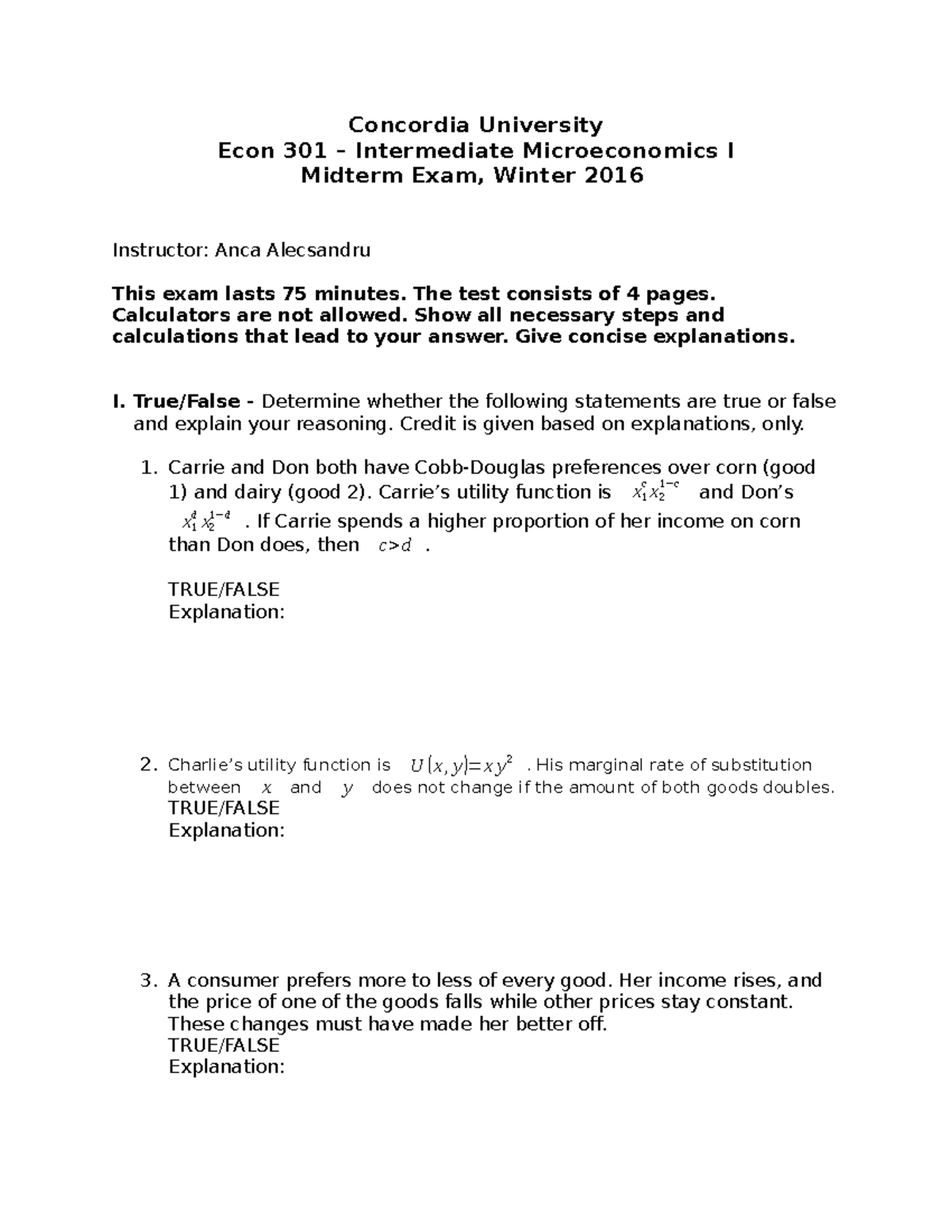 Exam February 2016, Questions, Midterm - Concordia University Econ 301 ...