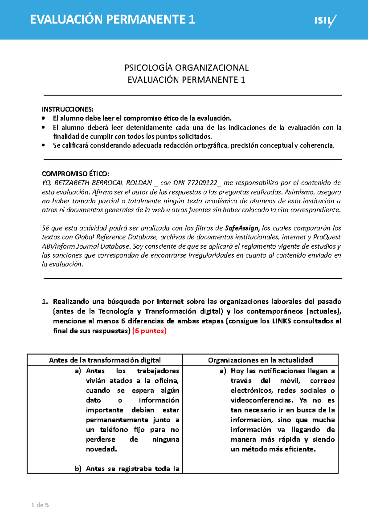 EP 1 , Psicologia Organizacional - PSICOLOGÍA ORGANIZACIONAL EVALUACIÓN ...