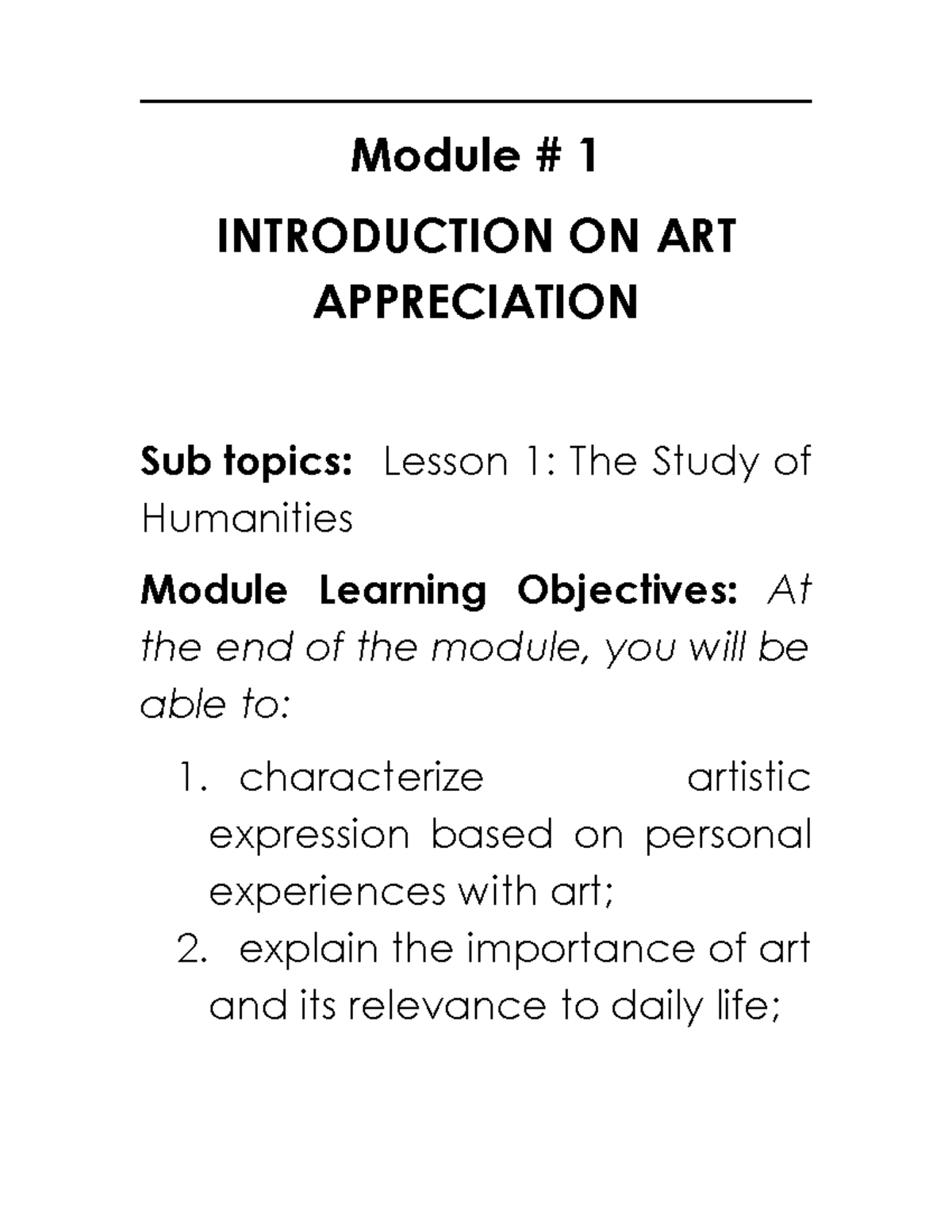 Art Appreciation Module 1 - Module # 1 INTRODUCTION ON ART APPRECIATION ...