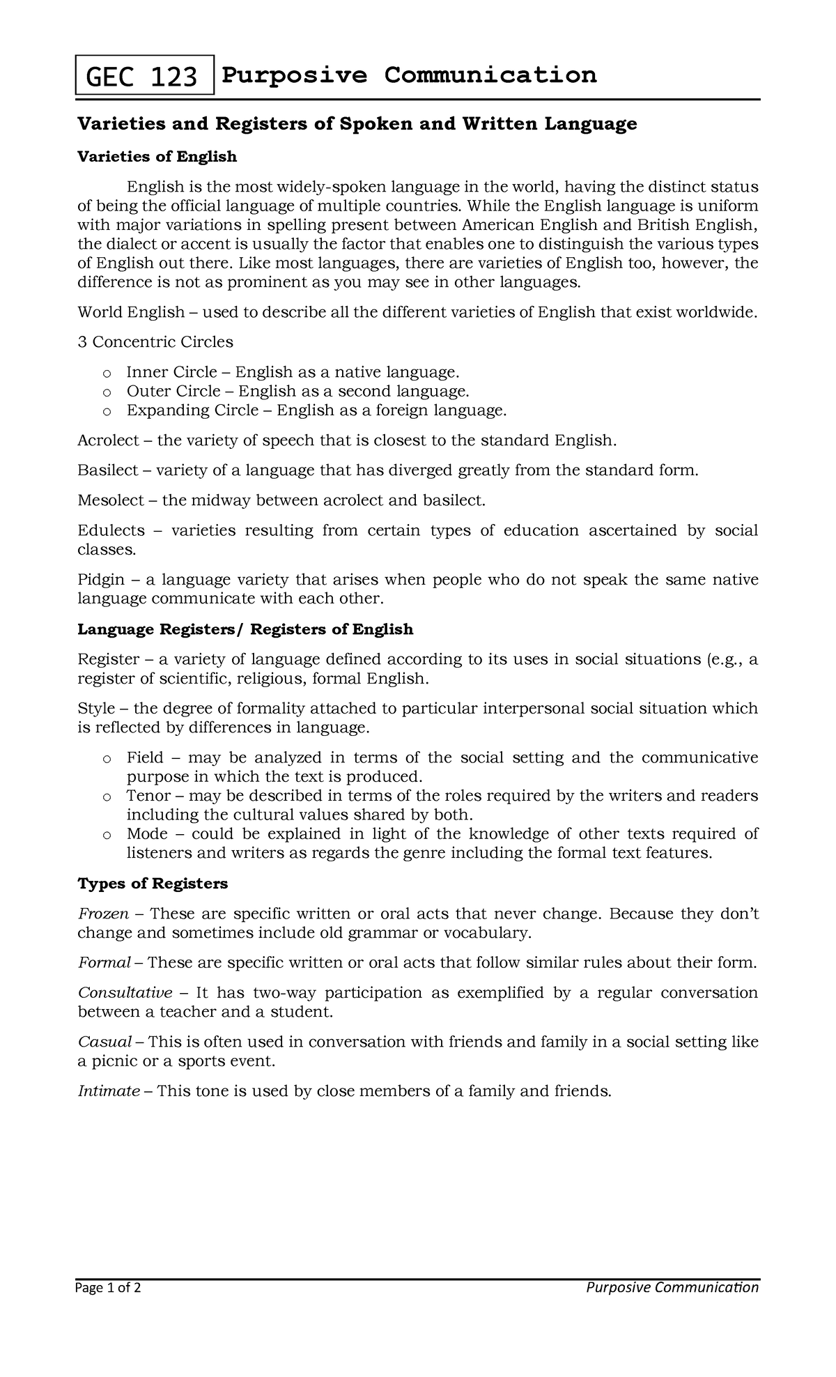 Purposive Communication Handout Report - GEC 123 Purposive ...