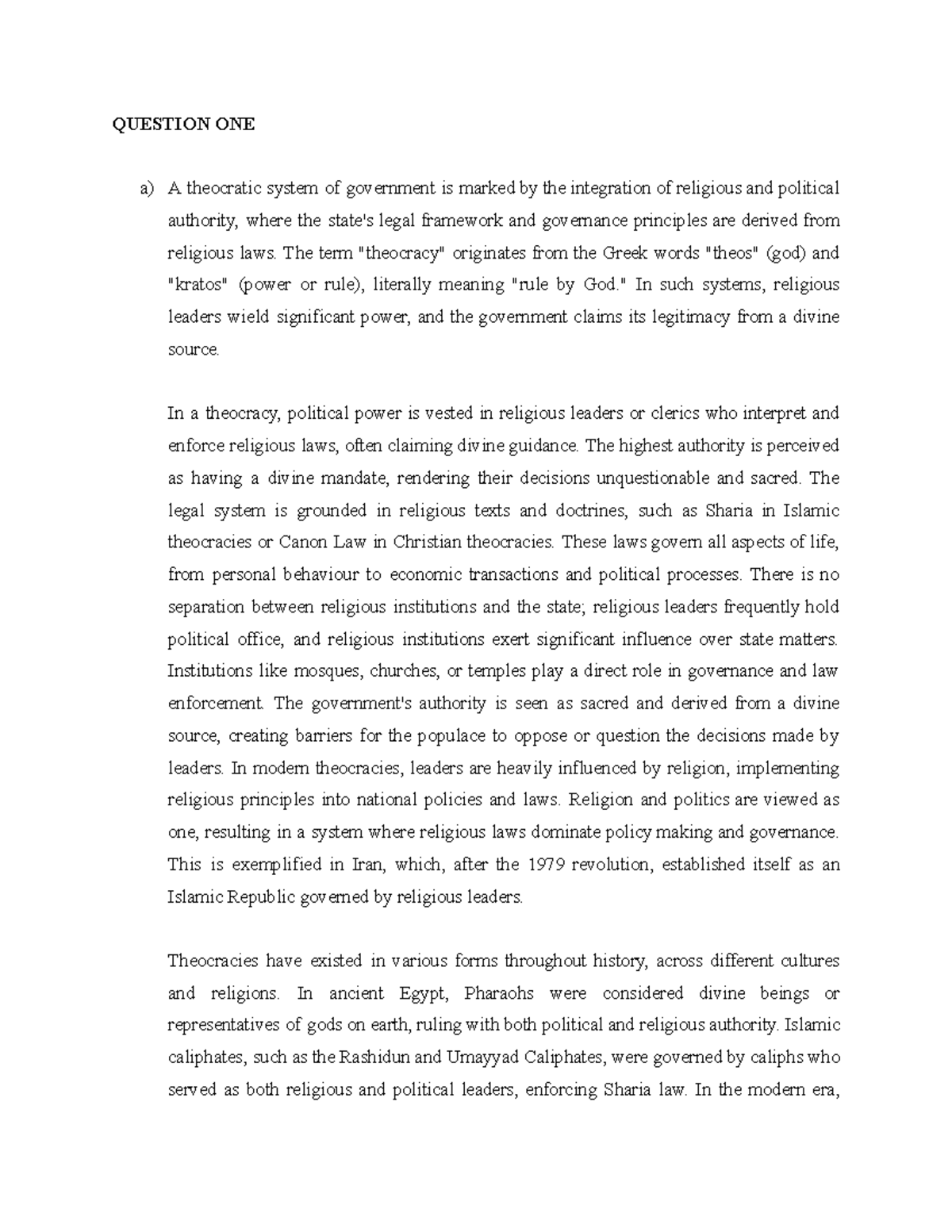 Politic Final Answer - Google Docs - QUESTION ONE a) A theocratic ...
