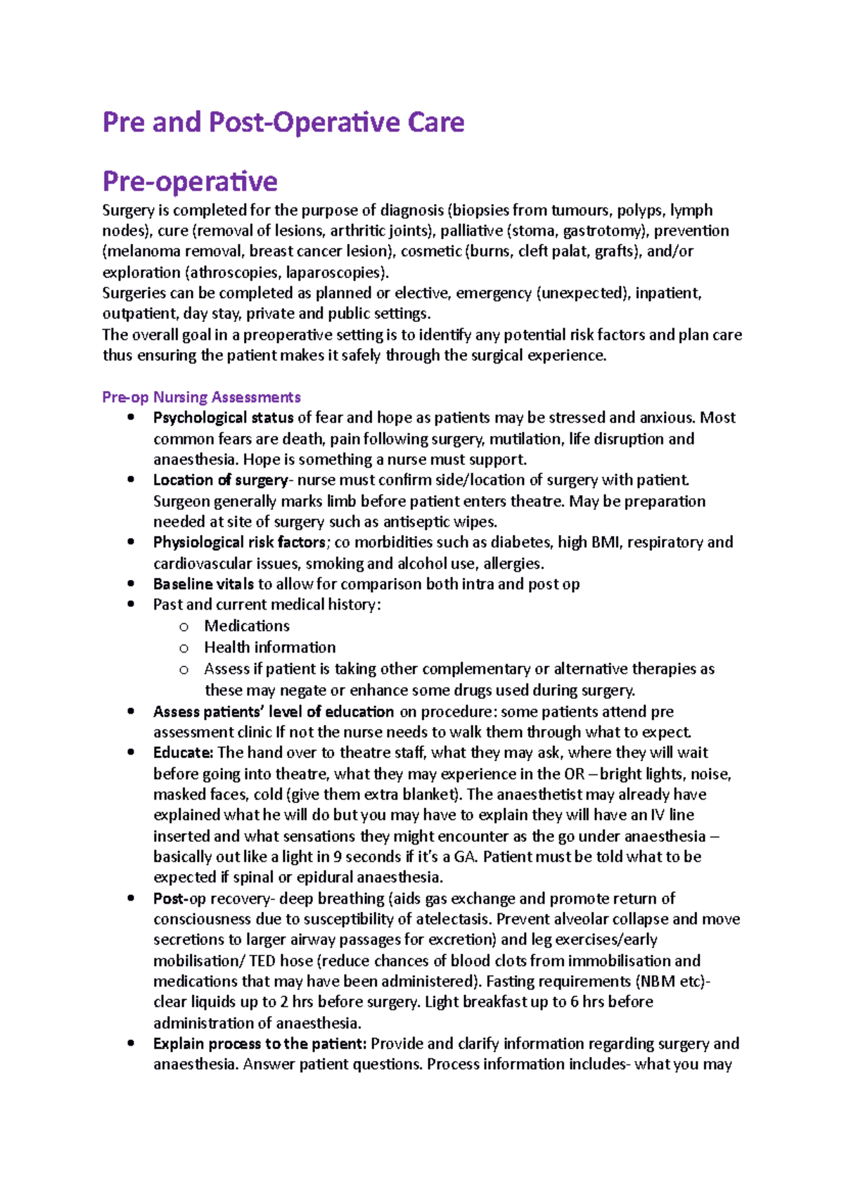 Pre and Post Operative Care - Pre and Post-Operative Care Pre-operative ...