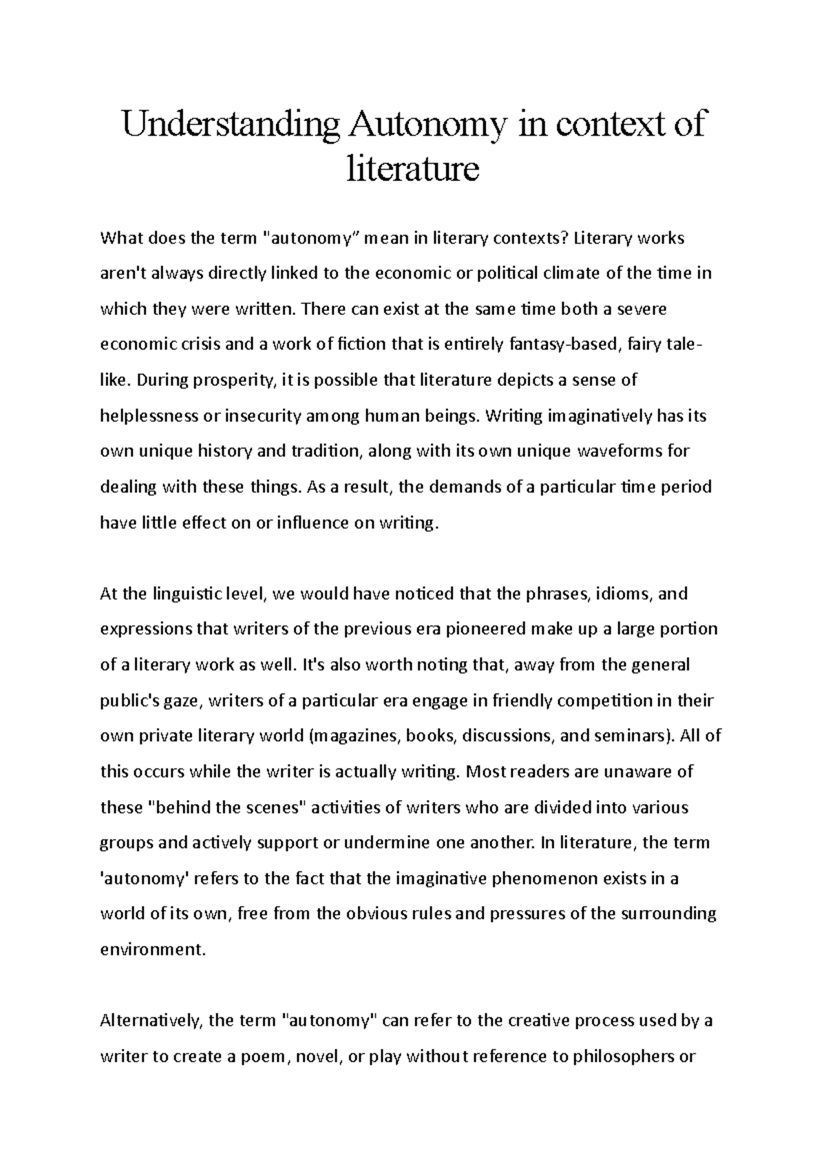 Understanding Autonomy In Context Of Literature Understanding
