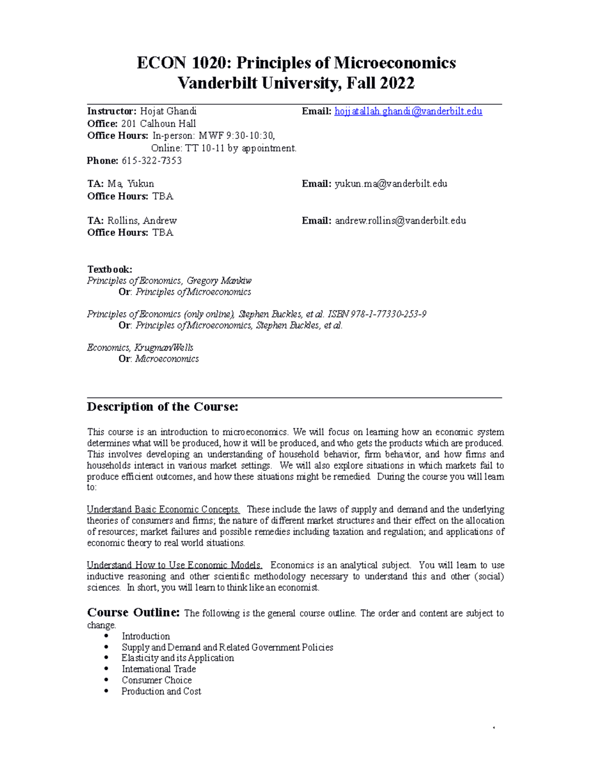 Econ 1020 Syllabus fall 2022 - ECON 1020: Principles of Microeconomics ...