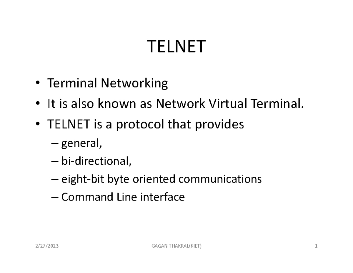 WT-2 - Web technology - TELNET • Terminal Networking • It is also known ...