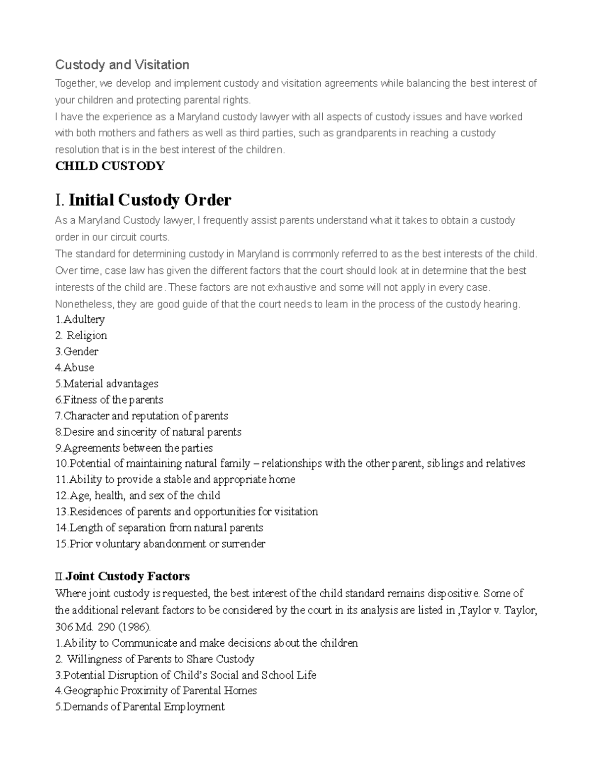 Maryland Divorce Lawyer Custody and Visi Custody and Visitation