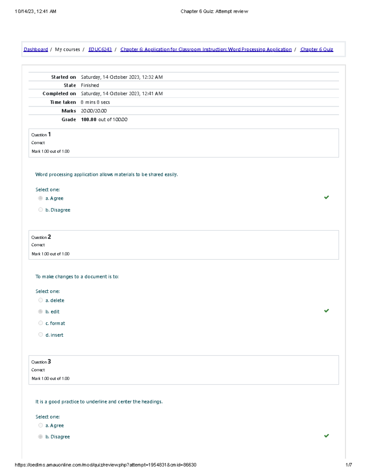 Chapter 6 Quiz Attempt Review - Dashboard / My Courses / EDUC6243 ...