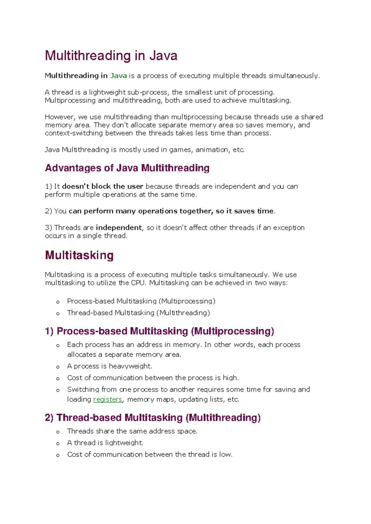 Thread - Notes - Multithreading in Java Multithreading in Java is a ...