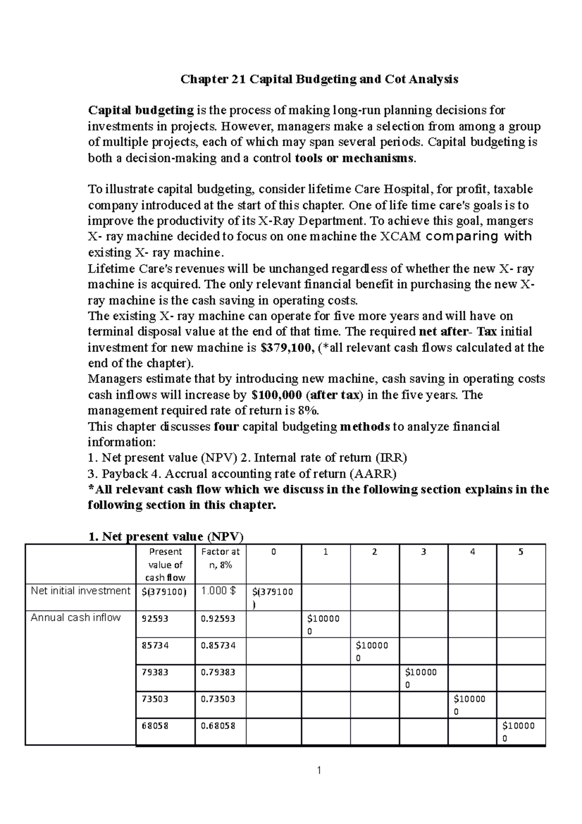 Chapter 21 Capital Budgeting and Cot Analysis - Chapter 21 Capital ...