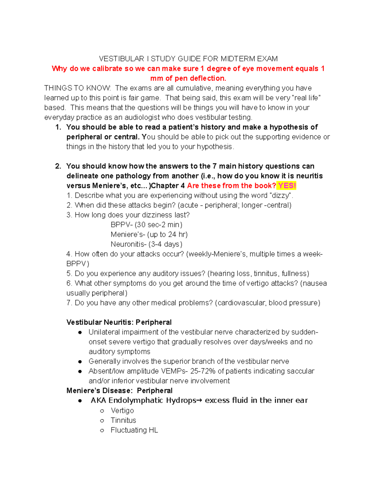 Vestib Midterm -2 - study guide - VESTIBULAR I STUDY GUIDE FOR MIDTERM ...