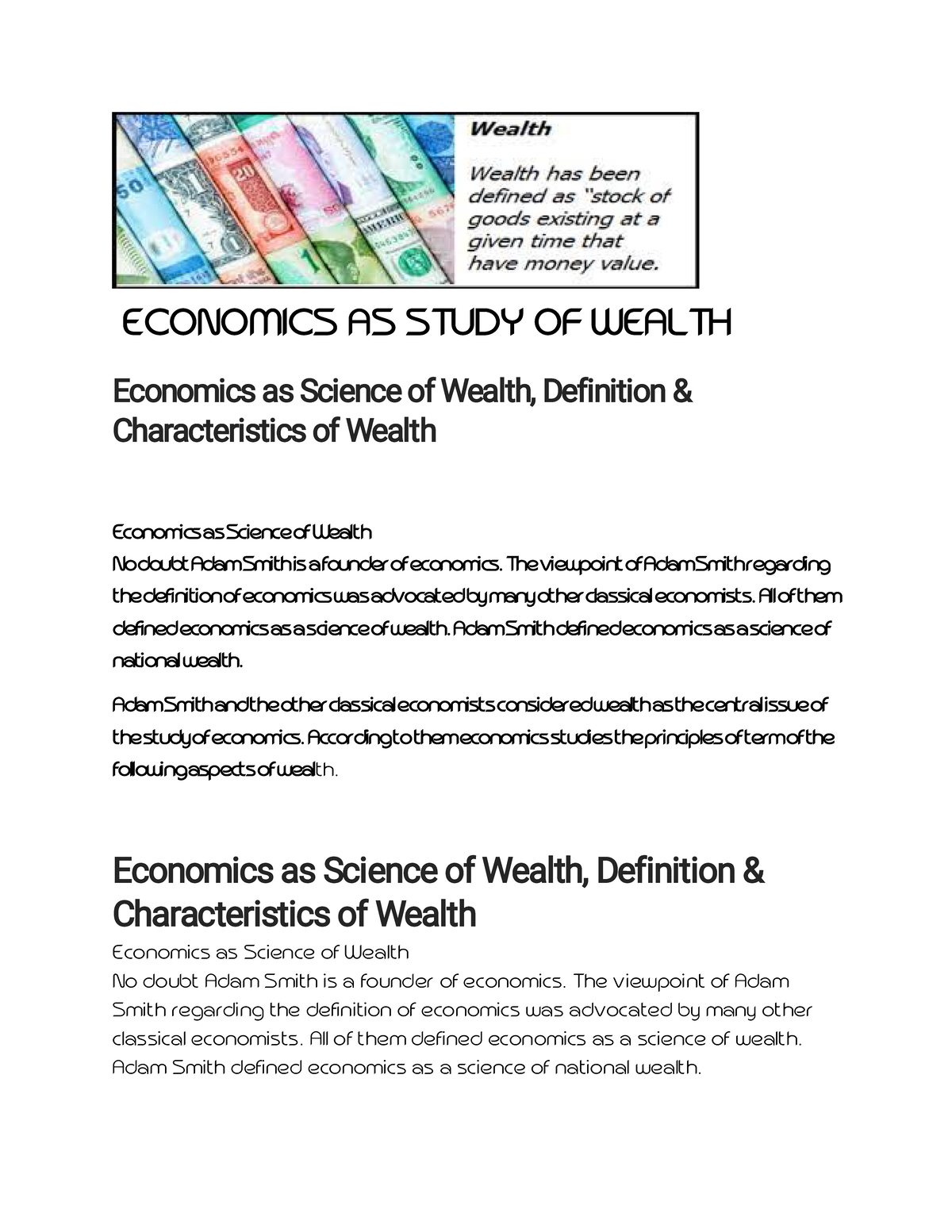 Economics AS Study OF Wealth - ECONOMICS AS STUDY OF WEALTH Economics