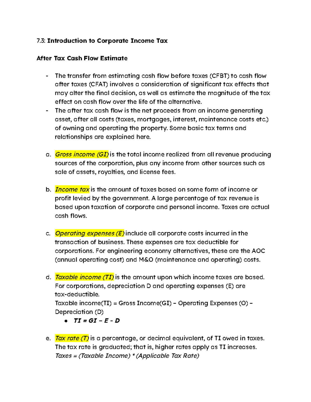Introduction to Corporate Income Tax - The after tax cash flow is the ...