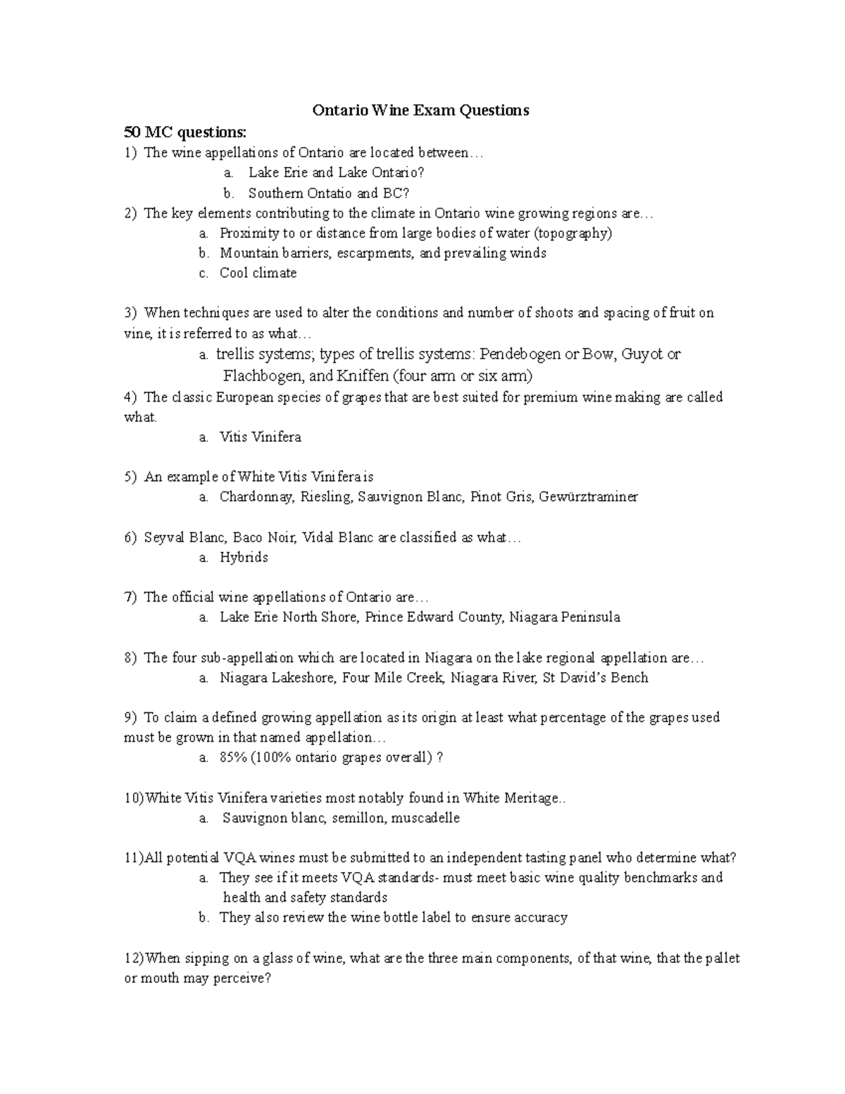 Exam 27 January 2019, questions and answers Ontario Wine Exam