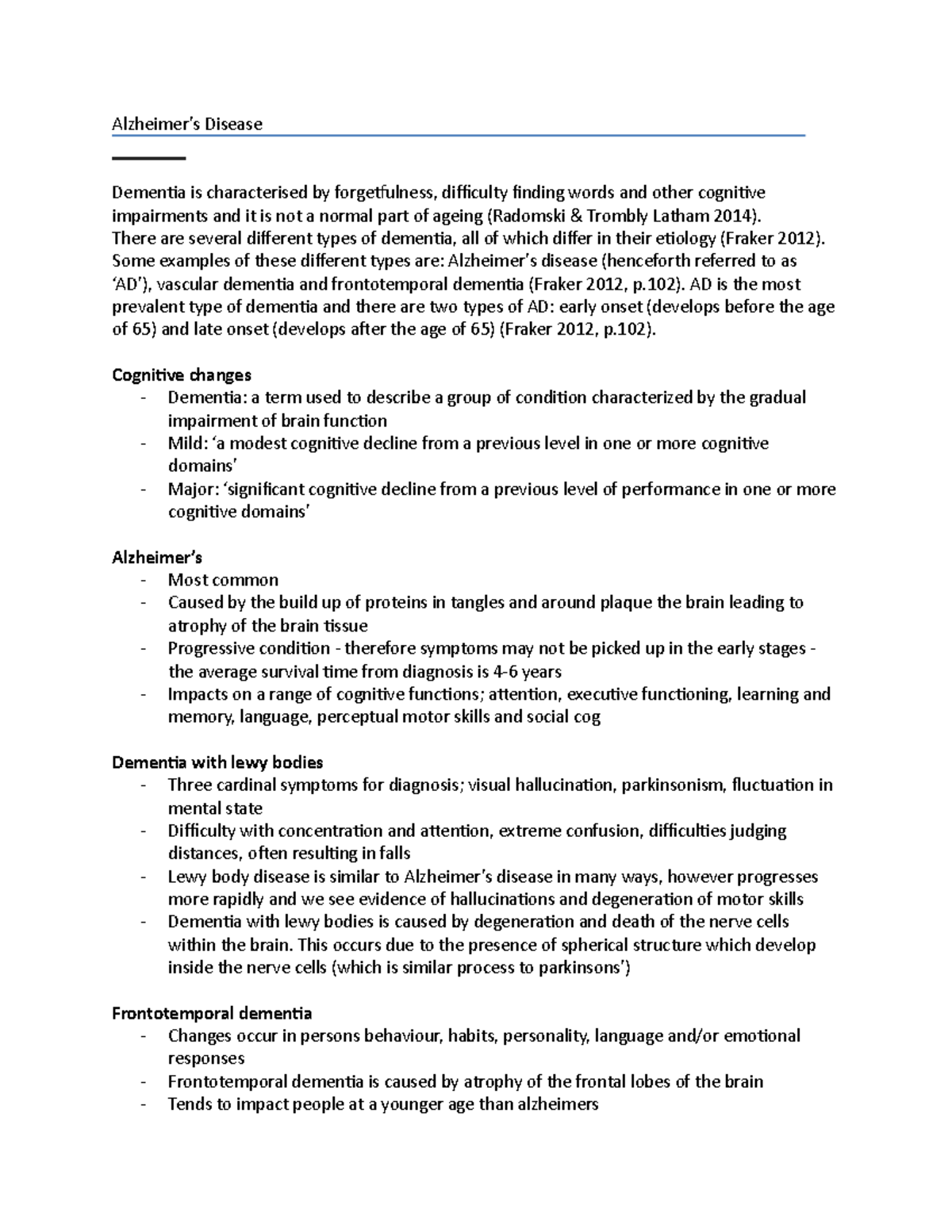 Dementia proforma - Alzheimer’s Disease Dementia is characterised by ...