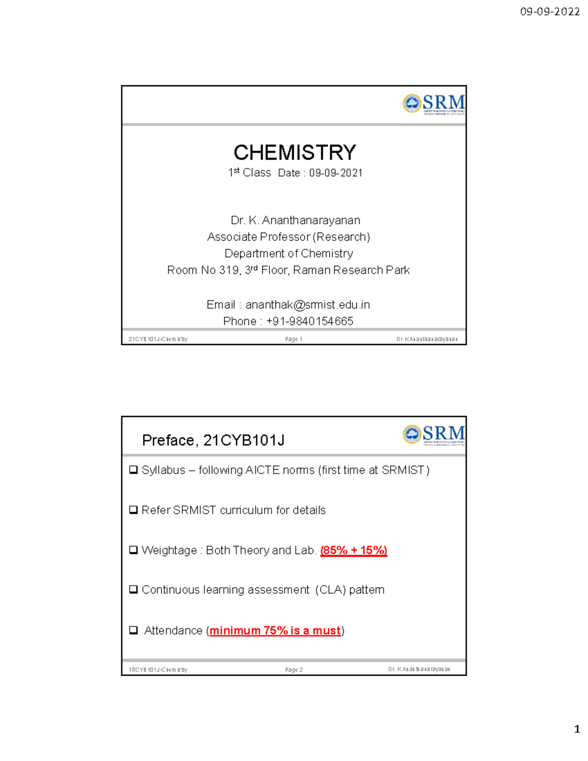 Lec 01 Introduction - Best Notes - 21CYB101J-Chemistry Page 1 Dr K ...