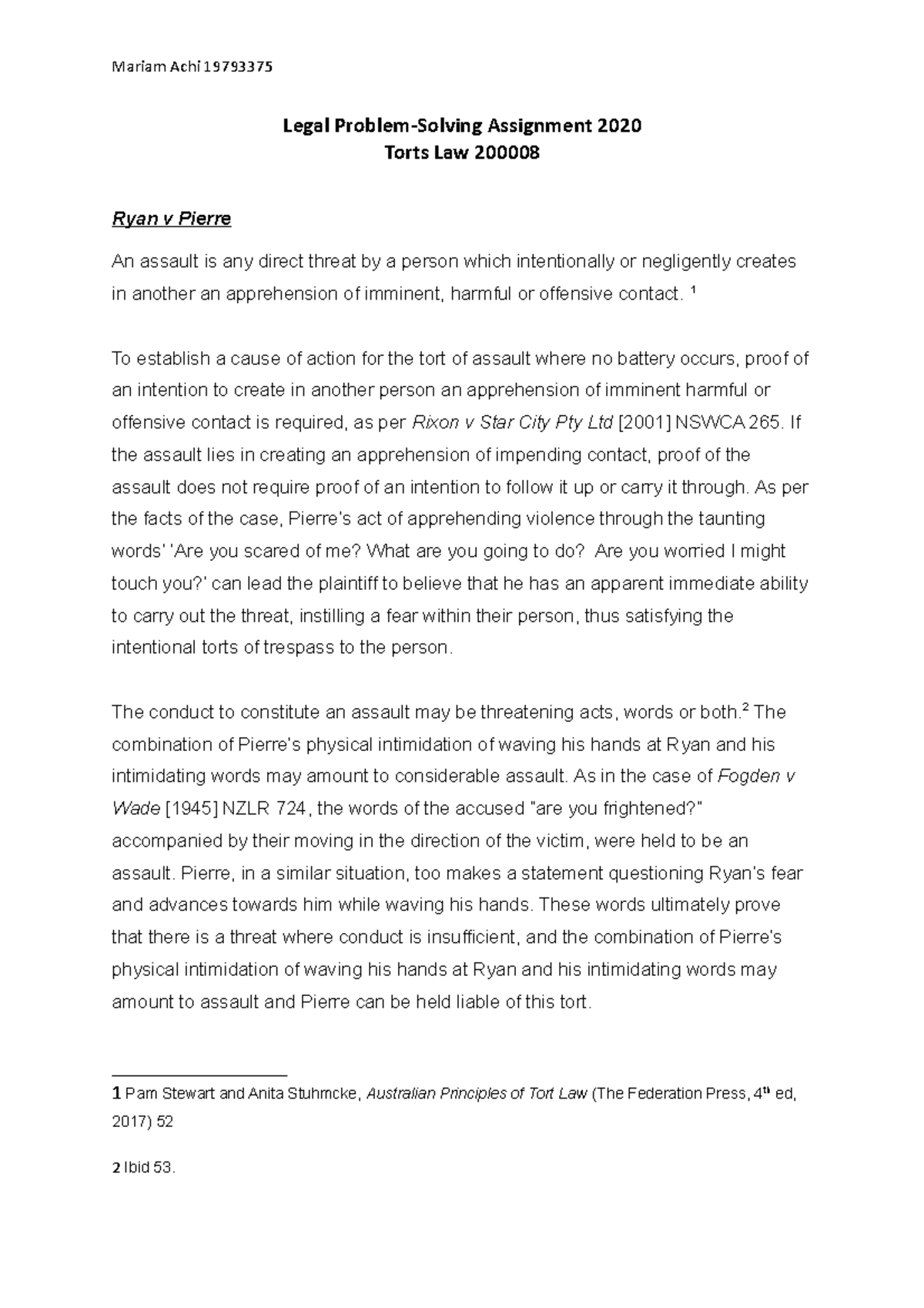 Legal Problem Torts - Assignment - Mariam Achi 19793375 Legal Problem ...