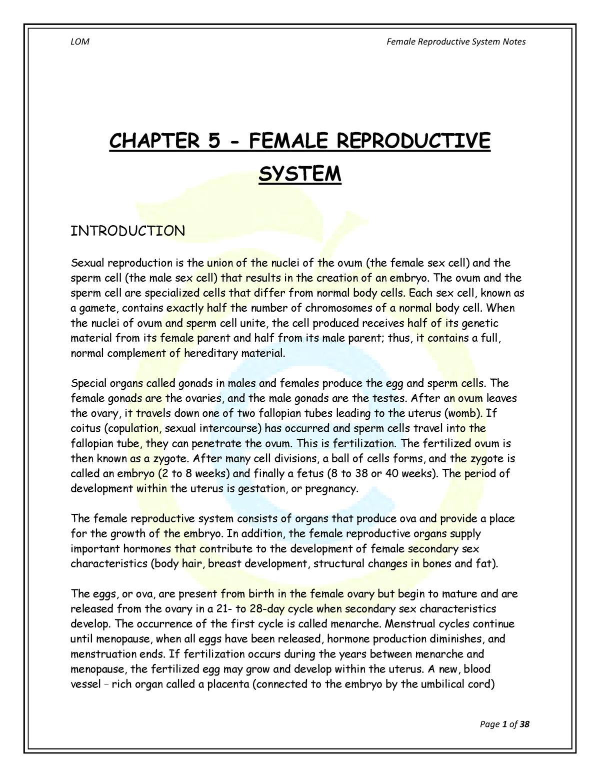 Femrepnotes 2 - Female reproductive system - CHAPTER 5 - FEMALE  REPRODUCTIVE SYSTEM INTRODUCTION - Studocu