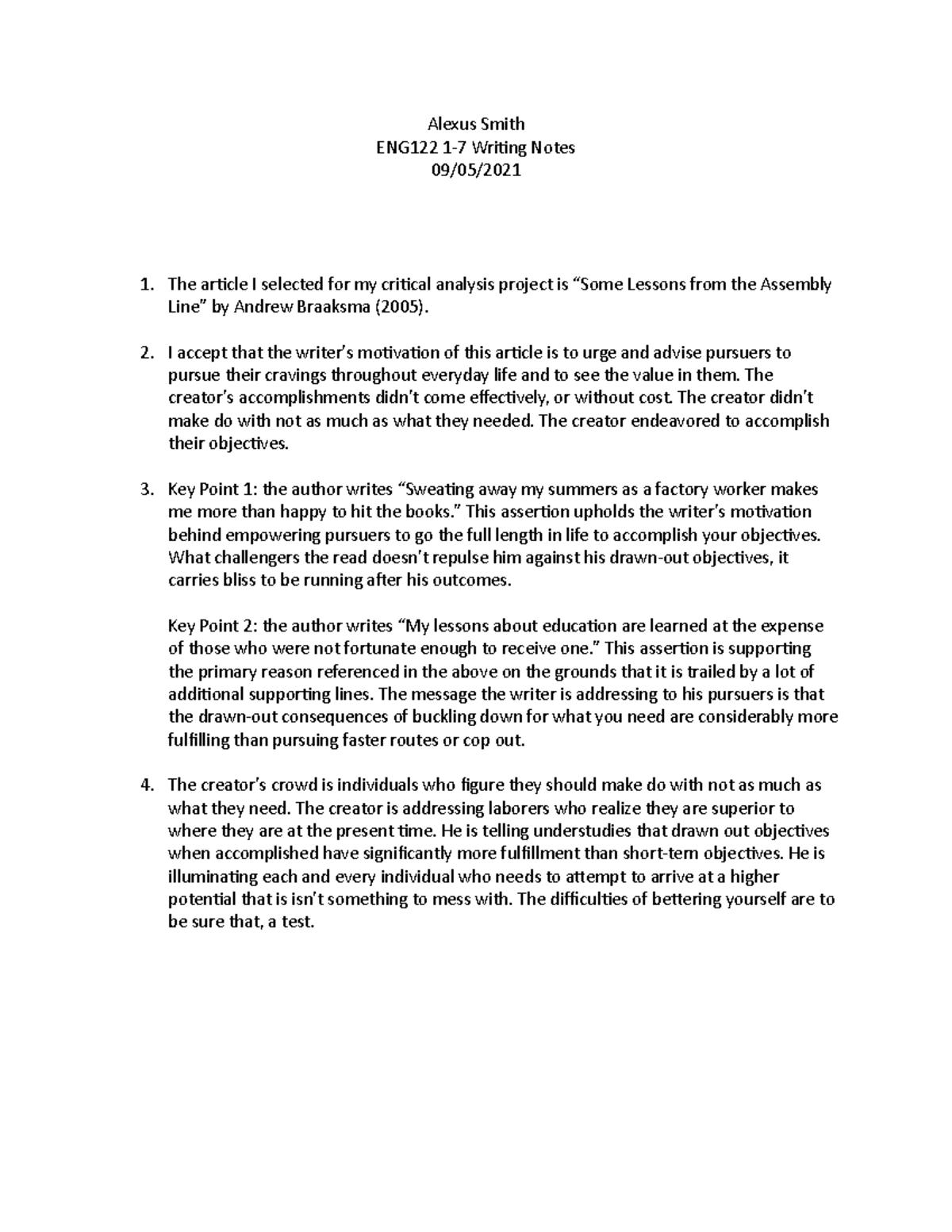 ENG122 1-7 Writing Notes For Critical Analysis Essay - Alexus Smith ...