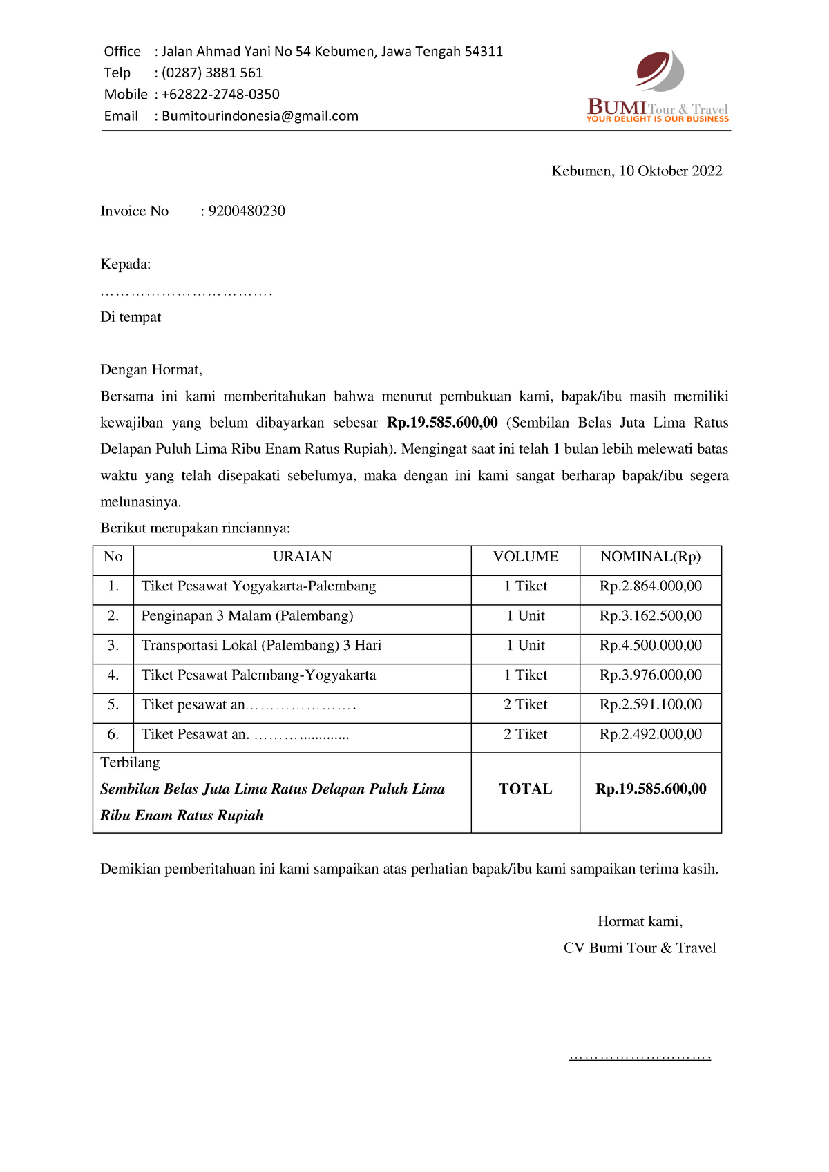 Surat Invoice Penagihan Perjalanan Office Jalan Ahmad Yani No 54