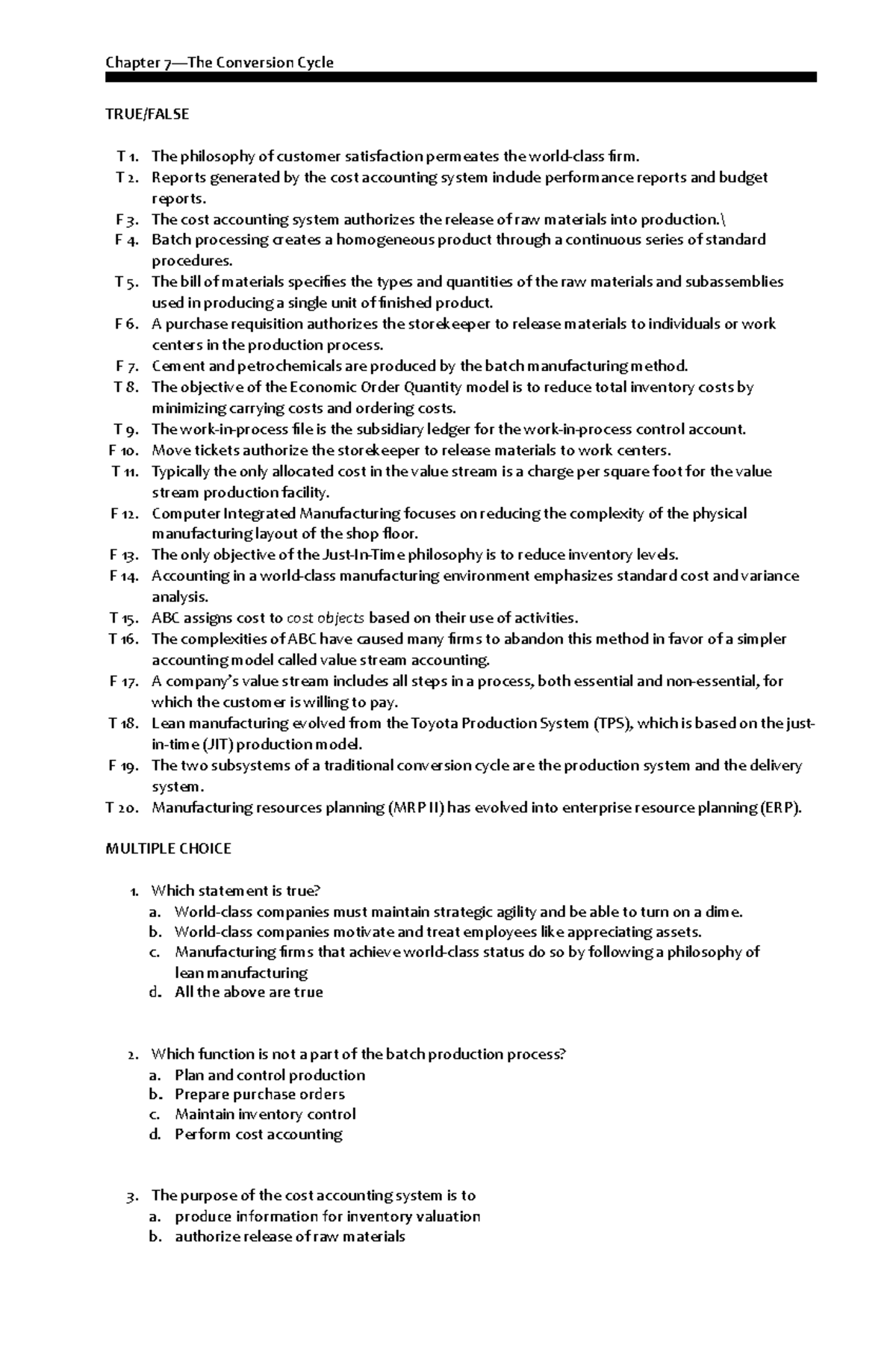 AIS- Reviewer-1 - Notes - Chapter 7—The Conversion Cycle TRUE/FALSE T 1 ...