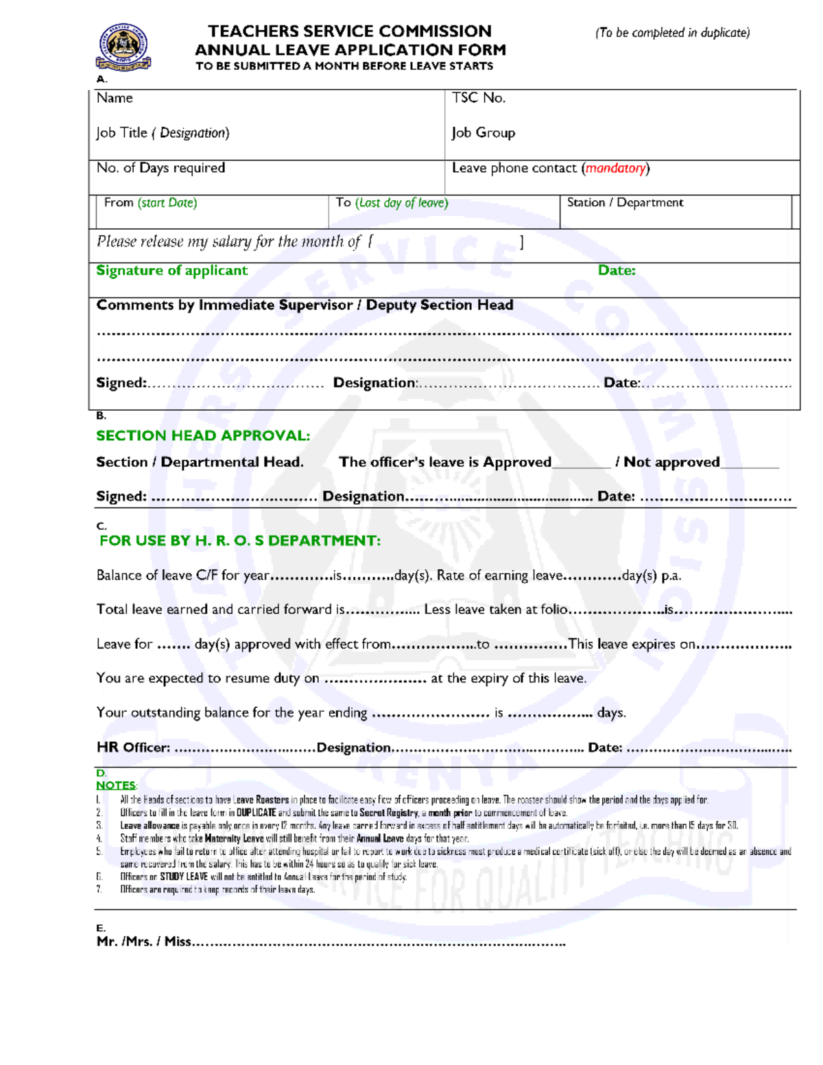 Annual Leave Form 2 - education - TEACHERS SERVICE COMMISSION (To be ...