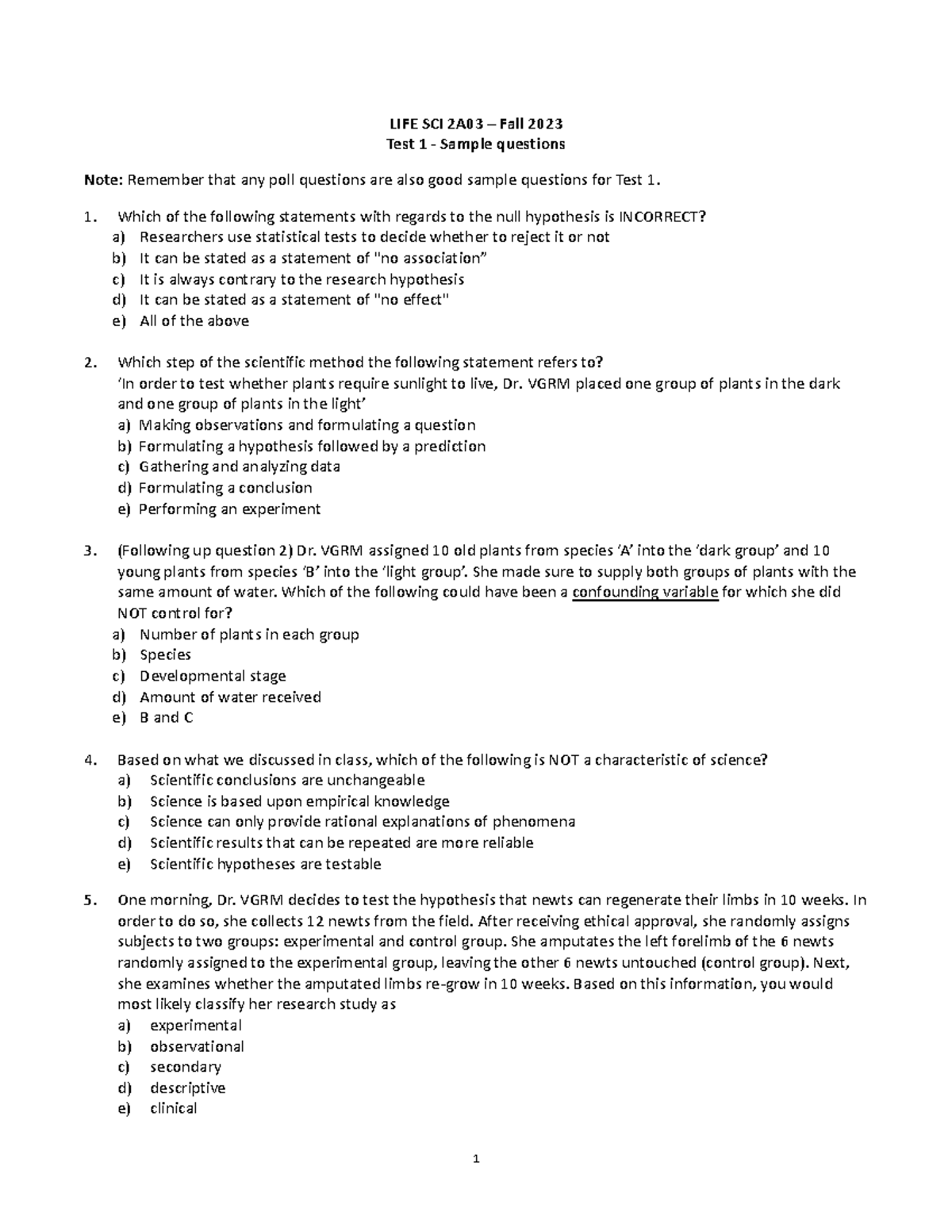 LS2A03 F2023 Test1 Sample Qs - Life Sci 2A03 - McMaster - Studocu