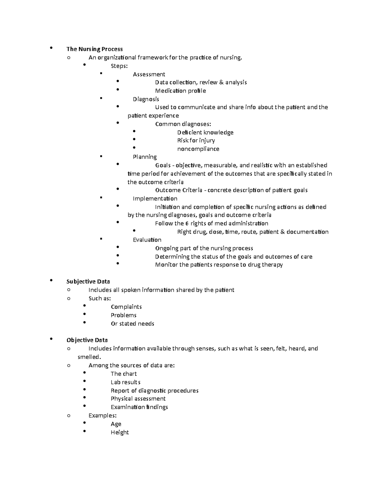 Pharm Exam 1 review - Lecture notes 1-2 - The Nursing Process o An ...