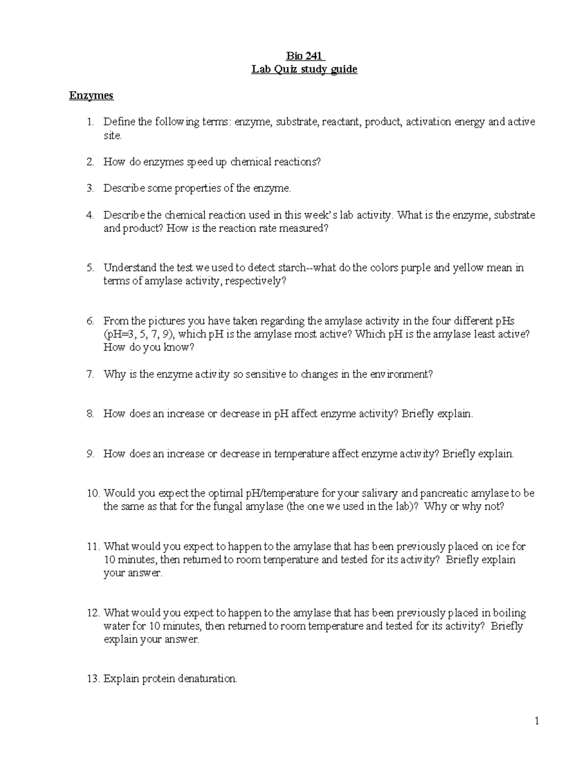 Study guide for Lab 4 Quiz (enzymes) Bio 241 Lab Quiz study guide