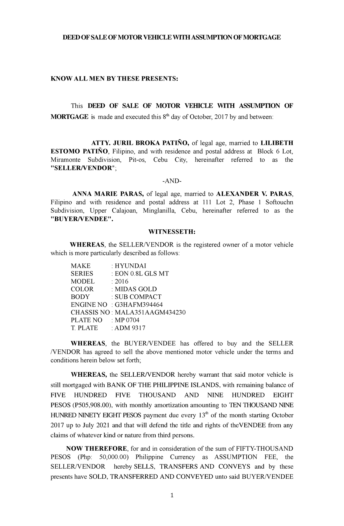 Sample deed of sale of motor vehicle with assumption of mortgage DEED